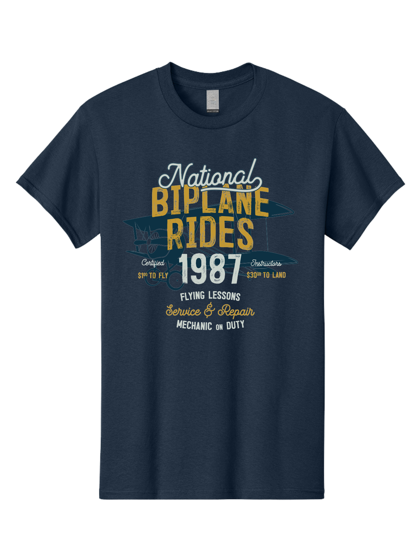 National-Biplane-Rides Men'S Graphic Tee, 100% Cotton, Comfortable Casual Summer Wear, Machine Washable, Vintage Airplane, Biplane Rides, Flying Lessons, Certified Instructors, Service And Repair, Mechanic On Duty, Aviation Experience, 1987, Aab946