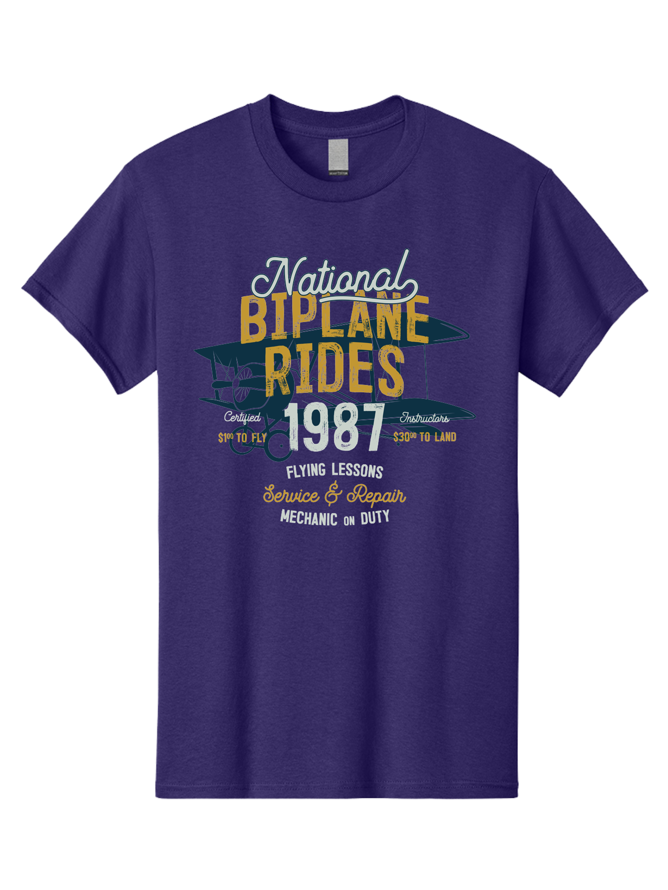 National-Biplane-Rides Men'S Graphic Tee, 100% Cotton, Comfortable Casual Summer Wear, Machine Washable, Vintage Airplane, Biplane Rides, Flying Lessons, Certified Instructors, Service And Repair, Mechanic On Duty, Aviation Experience, 1987, Aab946