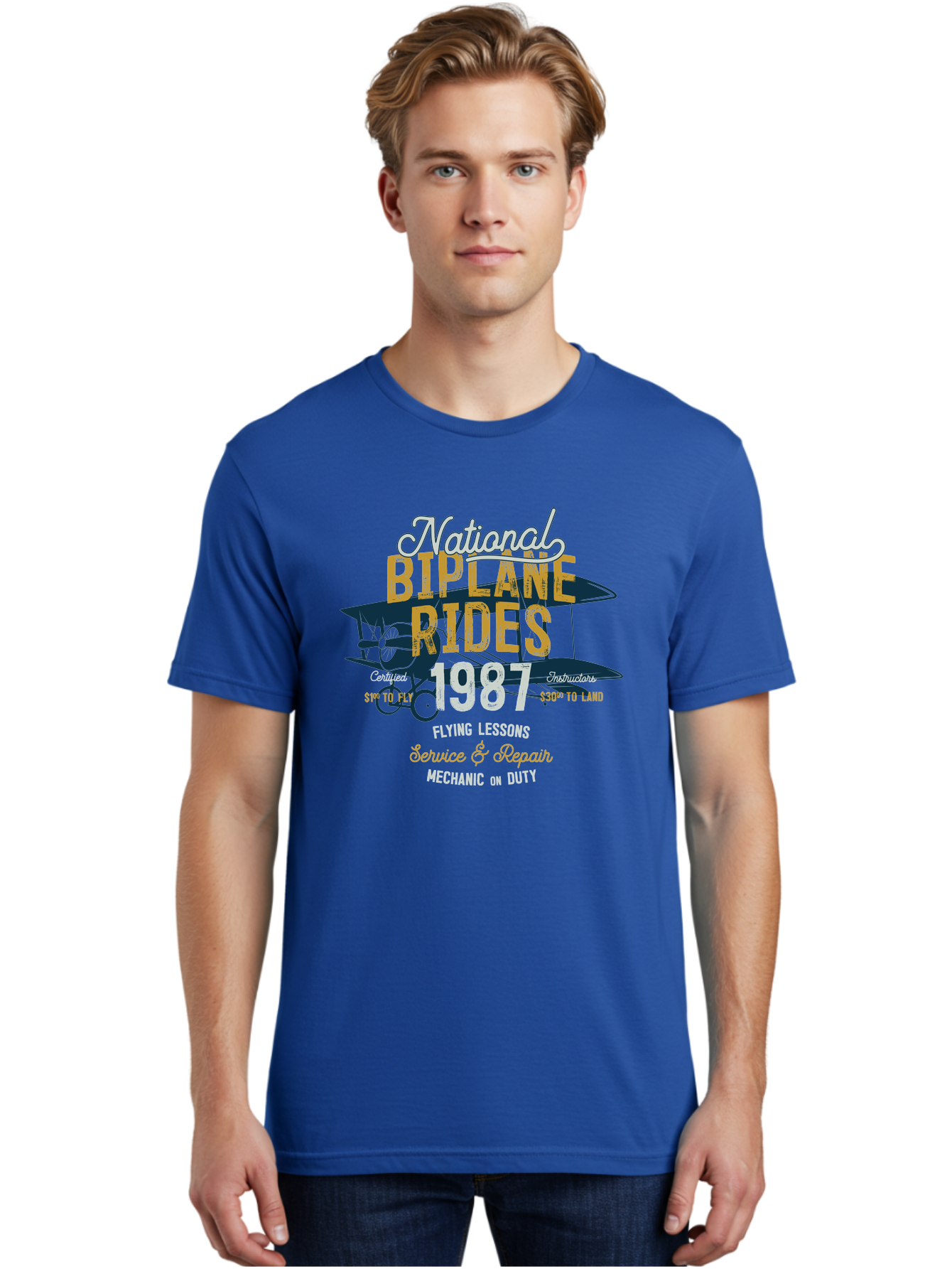 National-Biplane-Rides Men'S Graphic Tee, 100% Cotton, Comfortable Casual Summer Wear, Machine Washable, Vintage Airplane, Biplane Rides, Flying Lessons, Certified Instructors, Service And Repair, Mechanic On Duty, Aviation Experience, 1987, Aab946