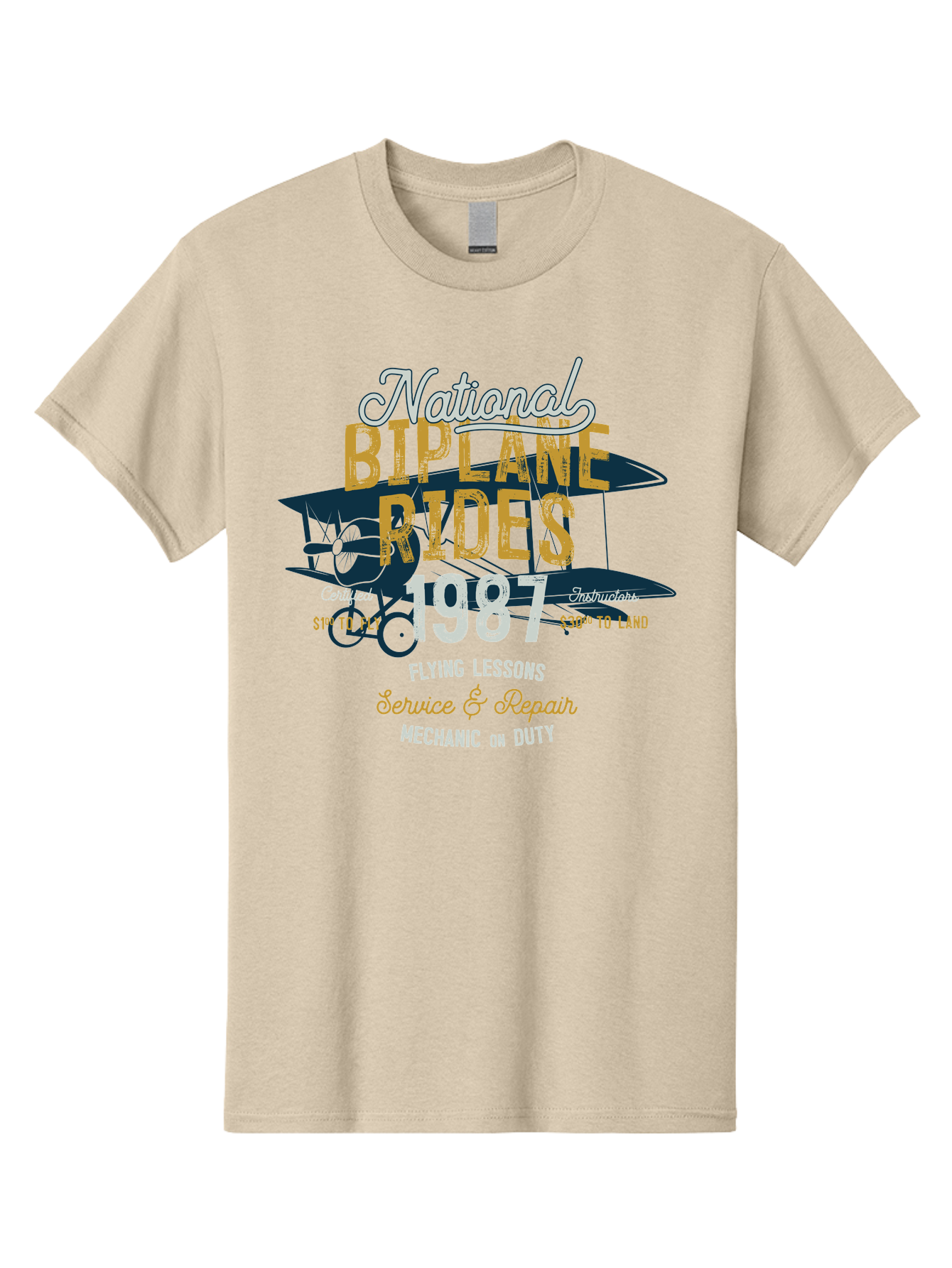 National-Biplane-Rides Men'S Graphic Tee, 100% Cotton, Comfortable Casual Summer Wear, Machine Washable, Vintage Airplane, Biplane Rides, Flying Lessons, Certified Instructors, Service And Repair, Mechanic On Duty, Aviation Experience, 1987, Aab946