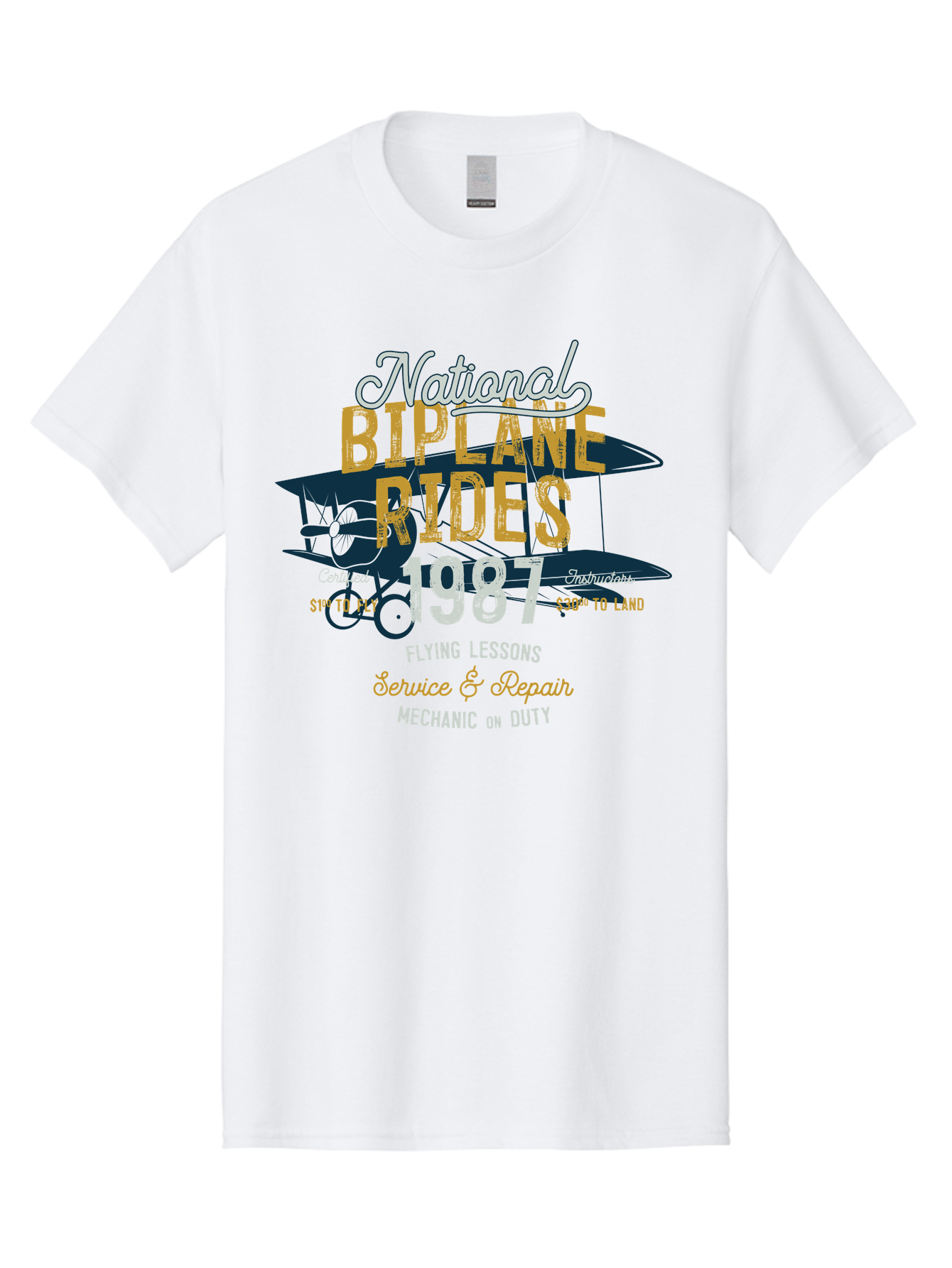 National-Biplane-Rides Men'S Graphic Tee, 100% Cotton, Comfortable Casual Summer Wear, Machine Washable, Vintage Airplane, Biplane Rides, Flying Lessons, Certified Instructors, Service And Repair, Mechanic On Duty, Aviation Experience, 1987, Aab946