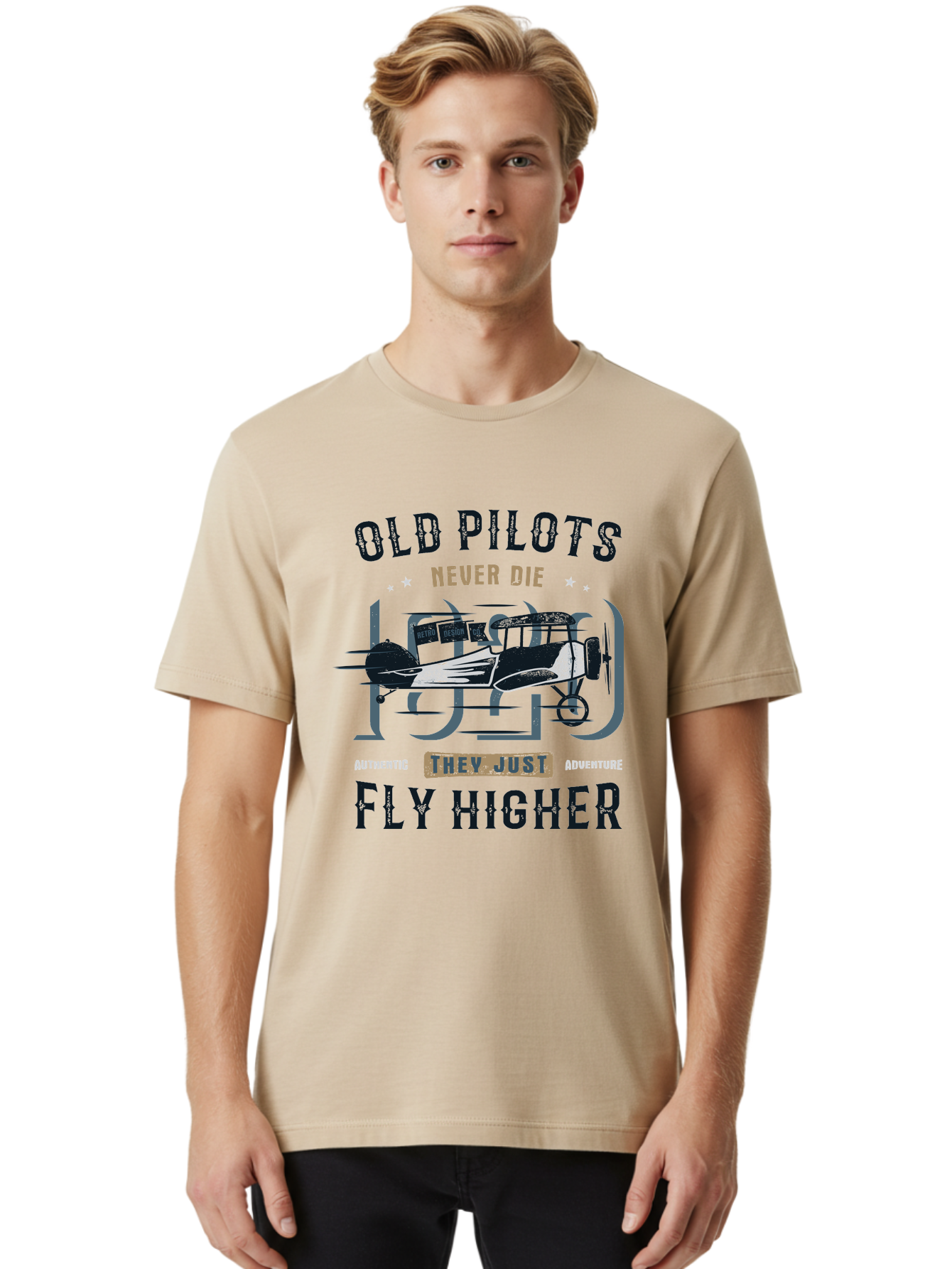 Old-Pilots-Fly-Higher Men'S Graphic Tee, 100% Cotton, Comfortable Casual Summer Wear, Machine Washable, Vintage Airplane, Old Pilots, Never Die, Fly Higher, Adventure, Authentic, They Just Adventure, Retro Aviation Aab949