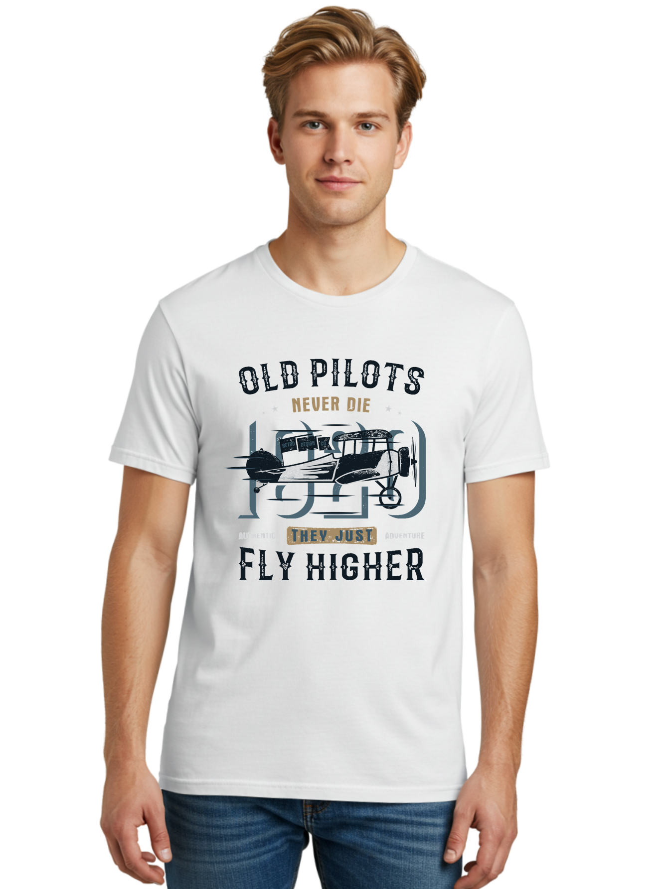 Old-Pilots-Fly-Higher Men'S Graphic Tee, 100% Cotton, Comfortable Casual Summer Wear, Machine Washable, Vintage Airplane, Old Pilots, Never Die, Fly Higher, Adventure, Authentic, They Just Adventure, Retro Aviation Aab949