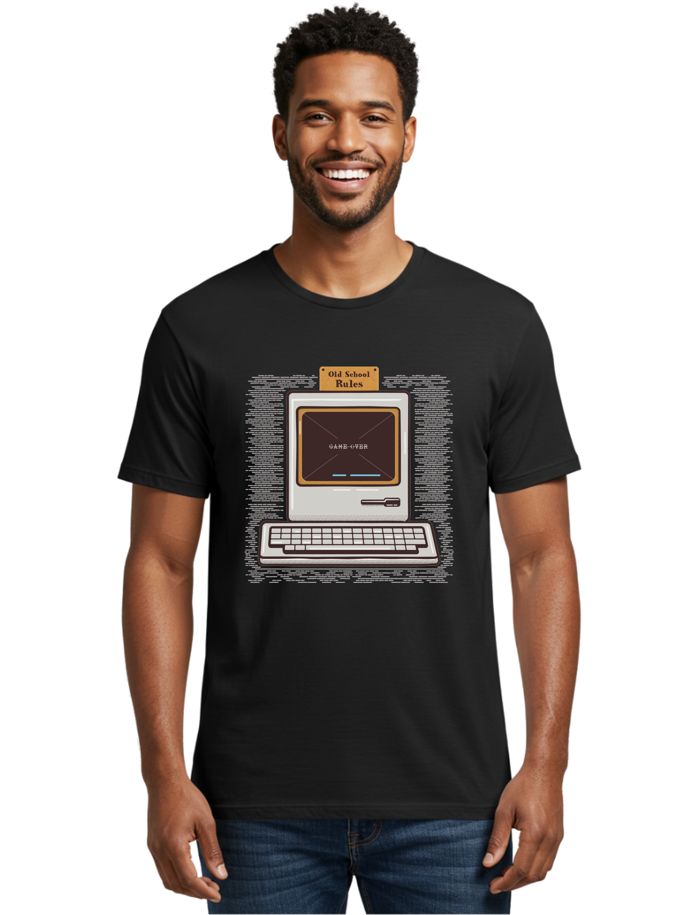 Old-School-Rules Men'S Graphic Tee, 100% Cotton, Comfortable Casual Summer Wear, Machine Washable, Retro Computer, Old School Gaming, Classic Video Games, Game Over Screen, Nostalgic Tech, Vintage Computer Graphics, Pixel Art, Aab950