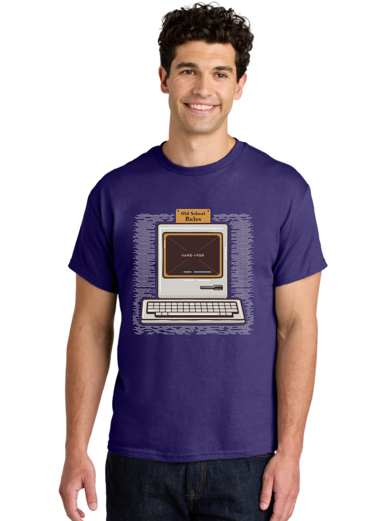 Old-School-Rules Men'S Graphic Tee, 100% Cotton, Comfortable Casual Summer Wear, Machine Washable, Retro Computer, Old School Gaming, Classic Video Games, Game Over Screen, Nostalgic Tech, Vintage Computer Graphics, Pixel Art, Aab950