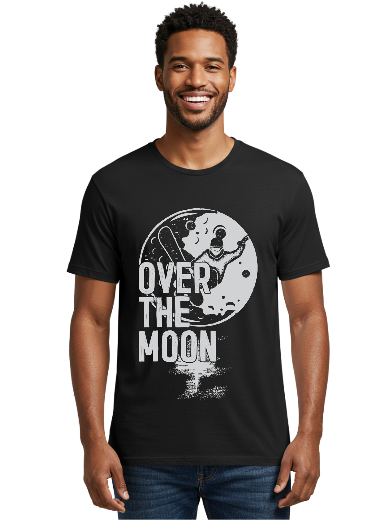 Over-The-Moon Men'S Graphic Tee, 100% Cotton, Comfortable Casual Summer Wear, Machine Washable, Moon Graphic, Astronaut Illustration, Space Exploration, Moon Landing, Celestial Body, Over The Moon Text, Retro-Futuristic Design, Aab951
