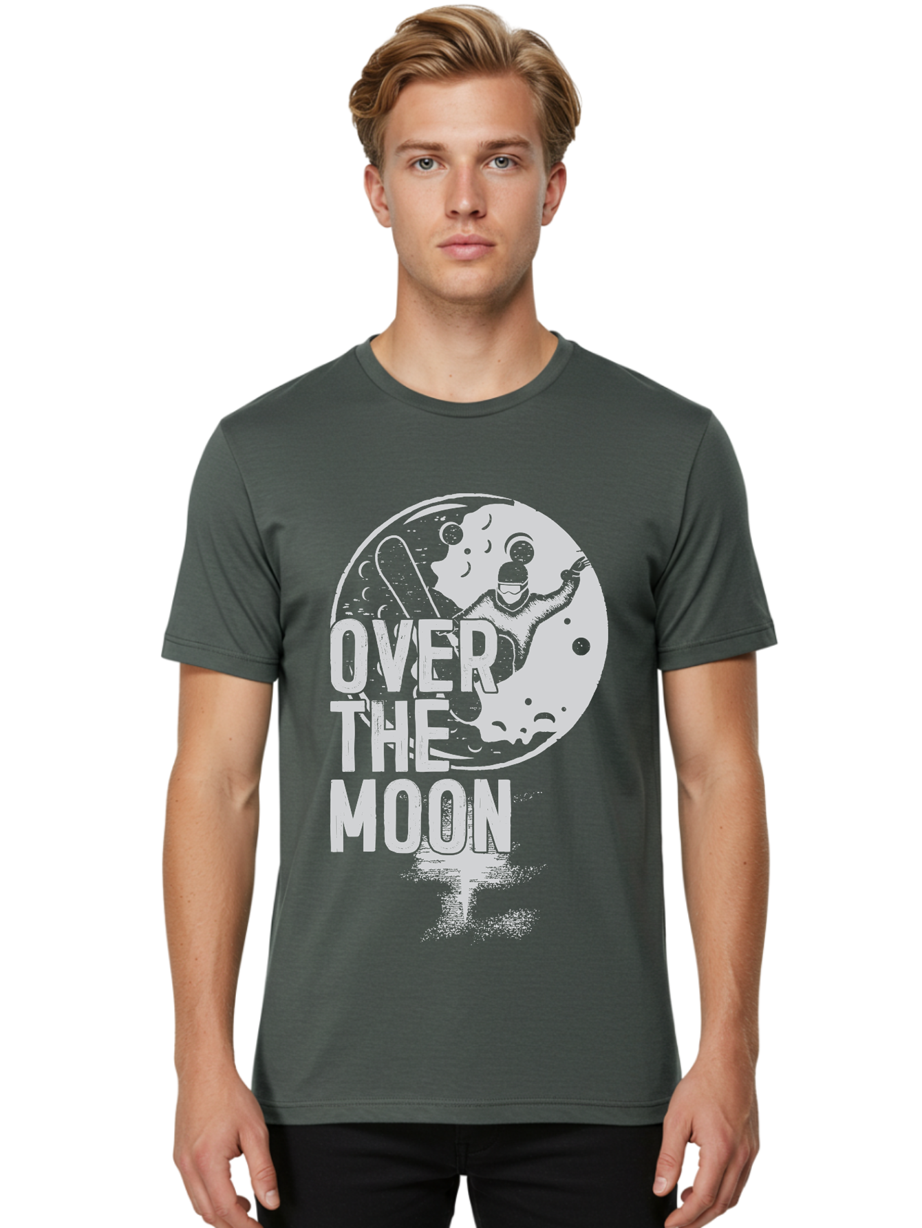 Over-The-Moon Men'S Graphic Tee, 100% Cotton, Comfortable Casual Summer Wear, Machine Washable, Moon Graphic, Astronaut Illustration, Space Exploration, Moon Landing, Celestial Body, Over The Moon Text, Retro-Futuristic Design, Aab951