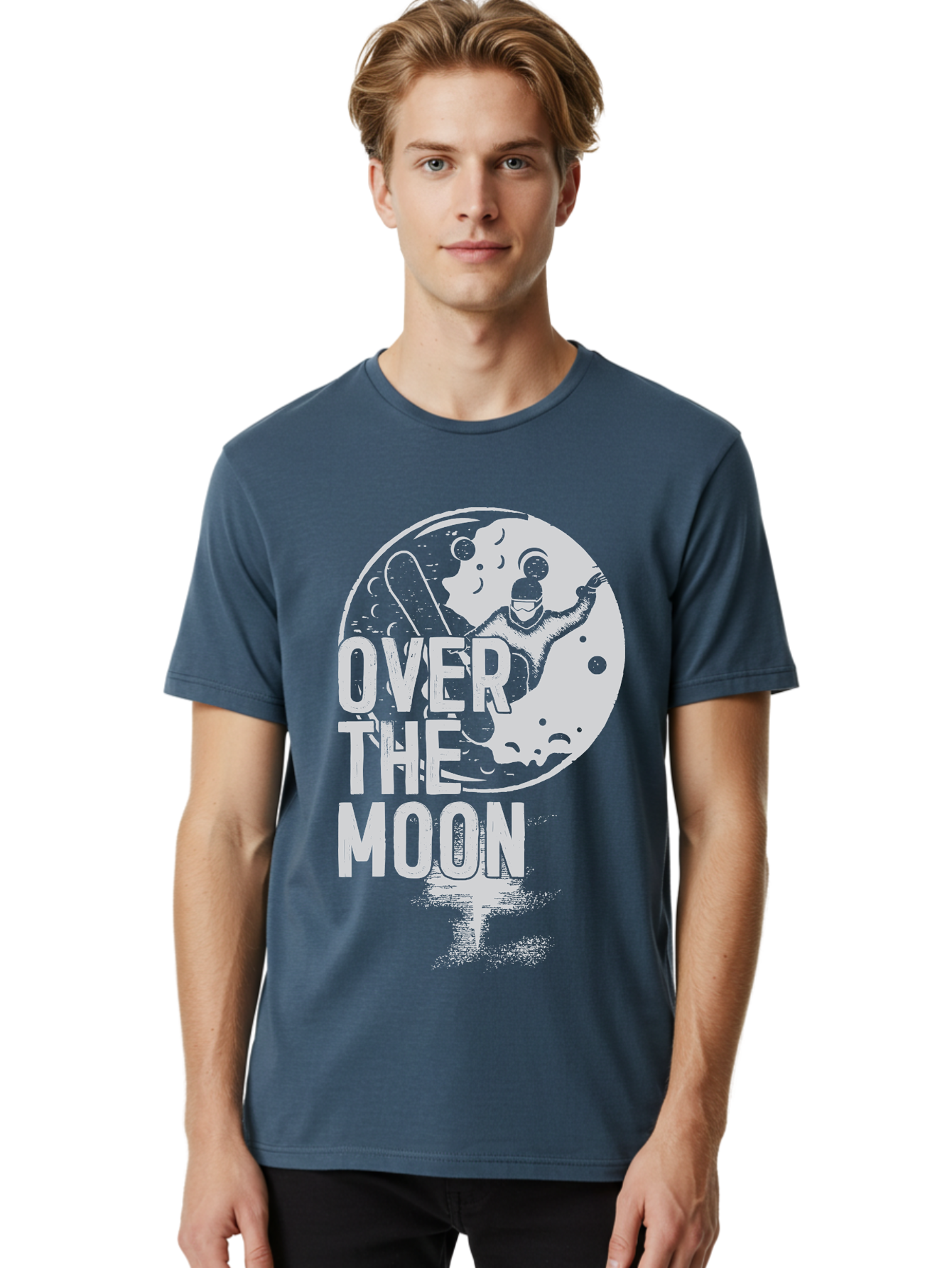 Over-The-Moon Men'S Graphic Tee, 100% Cotton, Comfortable Casual Summer Wear, Machine Washable, Moon Graphic, Astronaut Illustration, Space Exploration, Moon Landing, Celestial Body, Over The Moon Text, Retro-Futuristic Design, Aab951