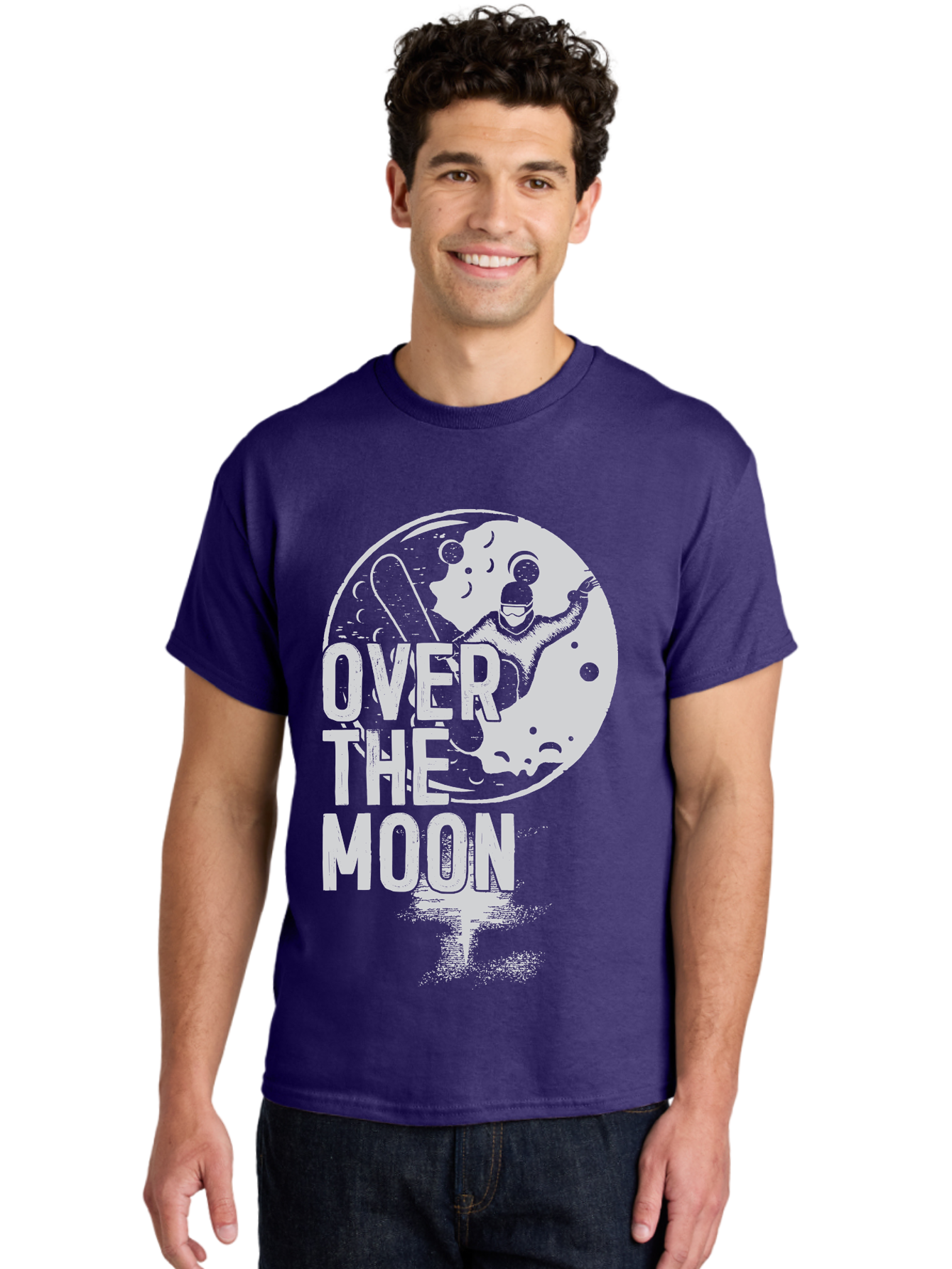 Over-The-Moon Men'S Graphic Tee, 100% Cotton, Comfortable Casual Summer Wear, Machine Washable, Moon Graphic, Astronaut Illustration, Space Exploration, Moon Landing, Celestial Body, Over The Moon Text, Retro-Futuristic Design, Aab951