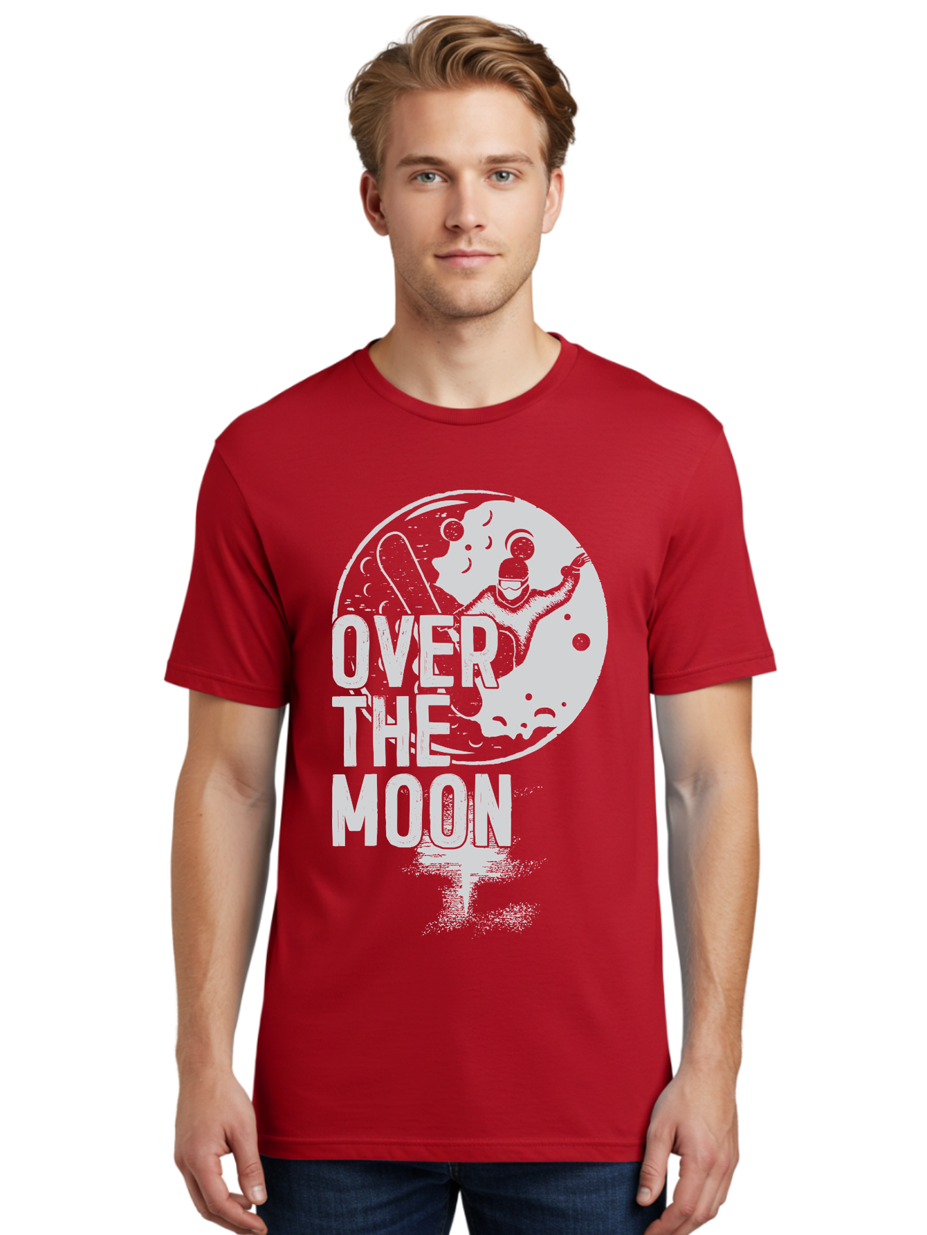 Over-The-Moon Men'S Graphic Tee, 100% Cotton, Comfortable Casual Summer Wear, Machine Washable, Moon Graphic, Astronaut Illustration, Space Exploration, Moon Landing, Celestial Body, Over The Moon Text, Retro-Futuristic Design, Aab951