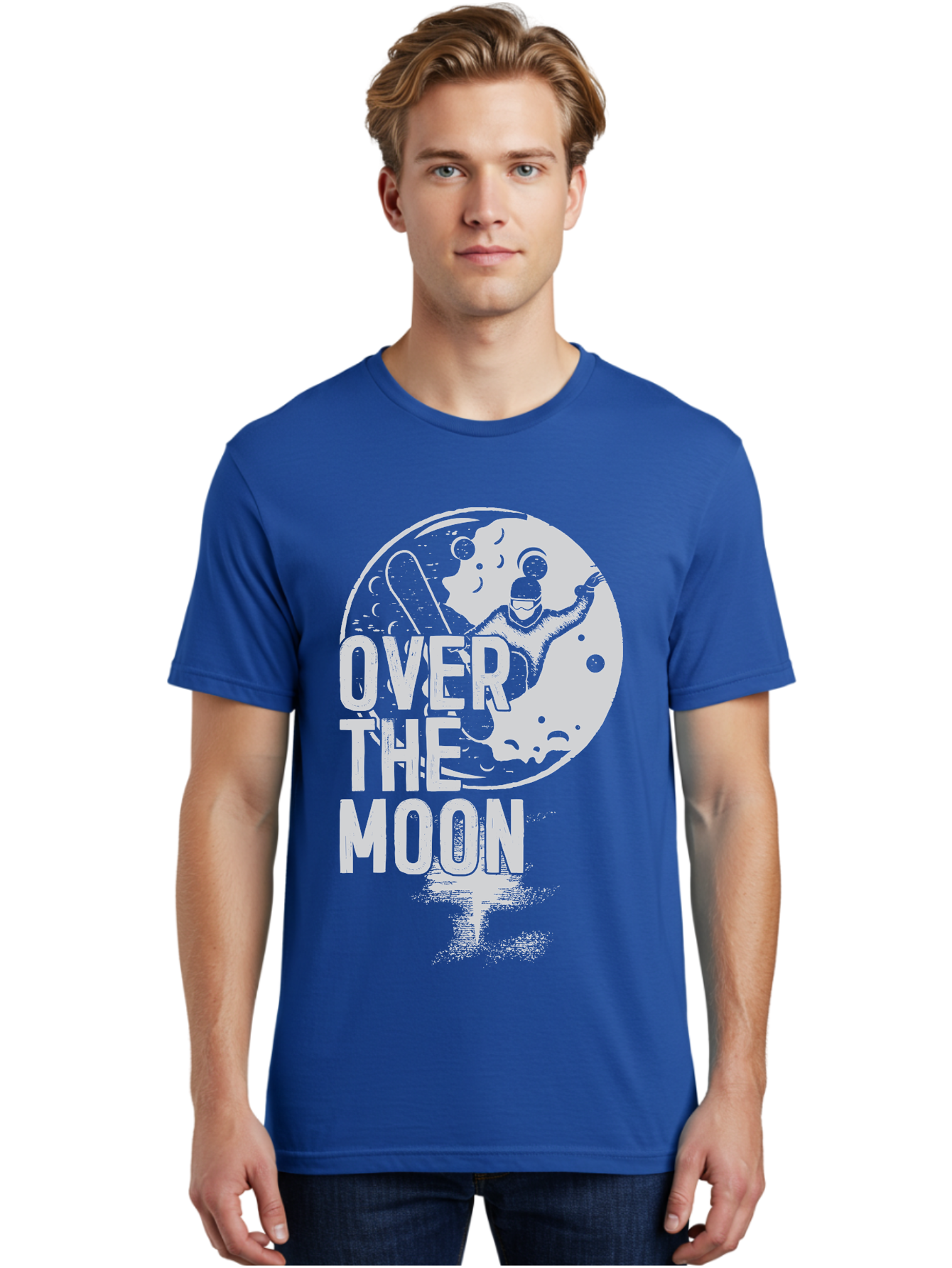 Over-The-Moon Men'S Graphic Tee, 100% Cotton, Comfortable Casual Summer Wear, Machine Washable, Moon Graphic, Astronaut Illustration, Space Exploration, Moon Landing, Celestial Body, Over The Moon Text, Retro-Futuristic Design, Aab951