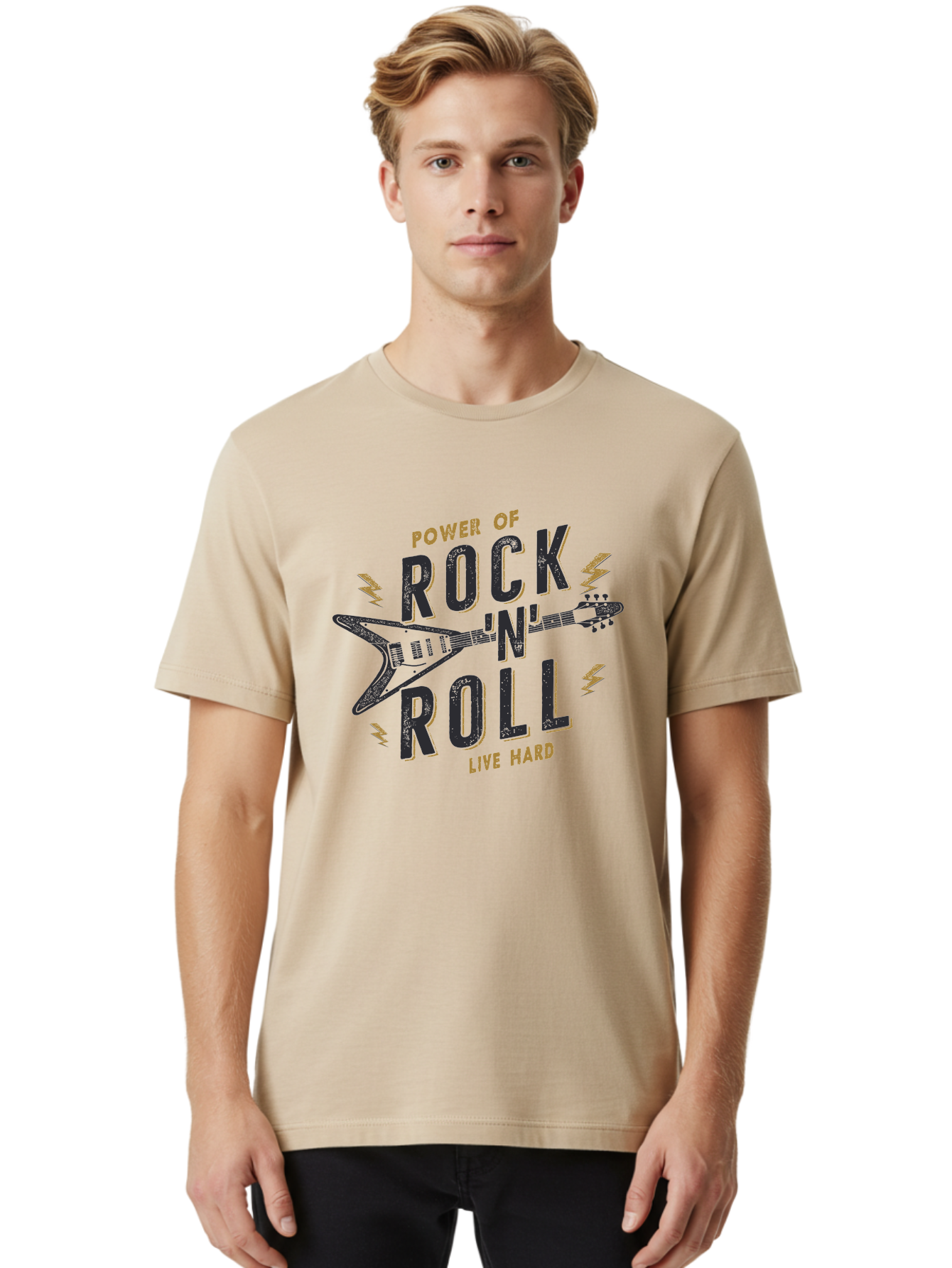 Power-Of-Rock-N-Roll-1 Men'S Graphic Tee, 100% Cotton, Comfortable Casual Summer Wear, Machine Washable, Rock N Roll Music, Electric Guitar, Live Hard, Rock On, Music Festival, Rock Concert, Guitar Lover, Rock Culture, Music Enthusiast Aab952