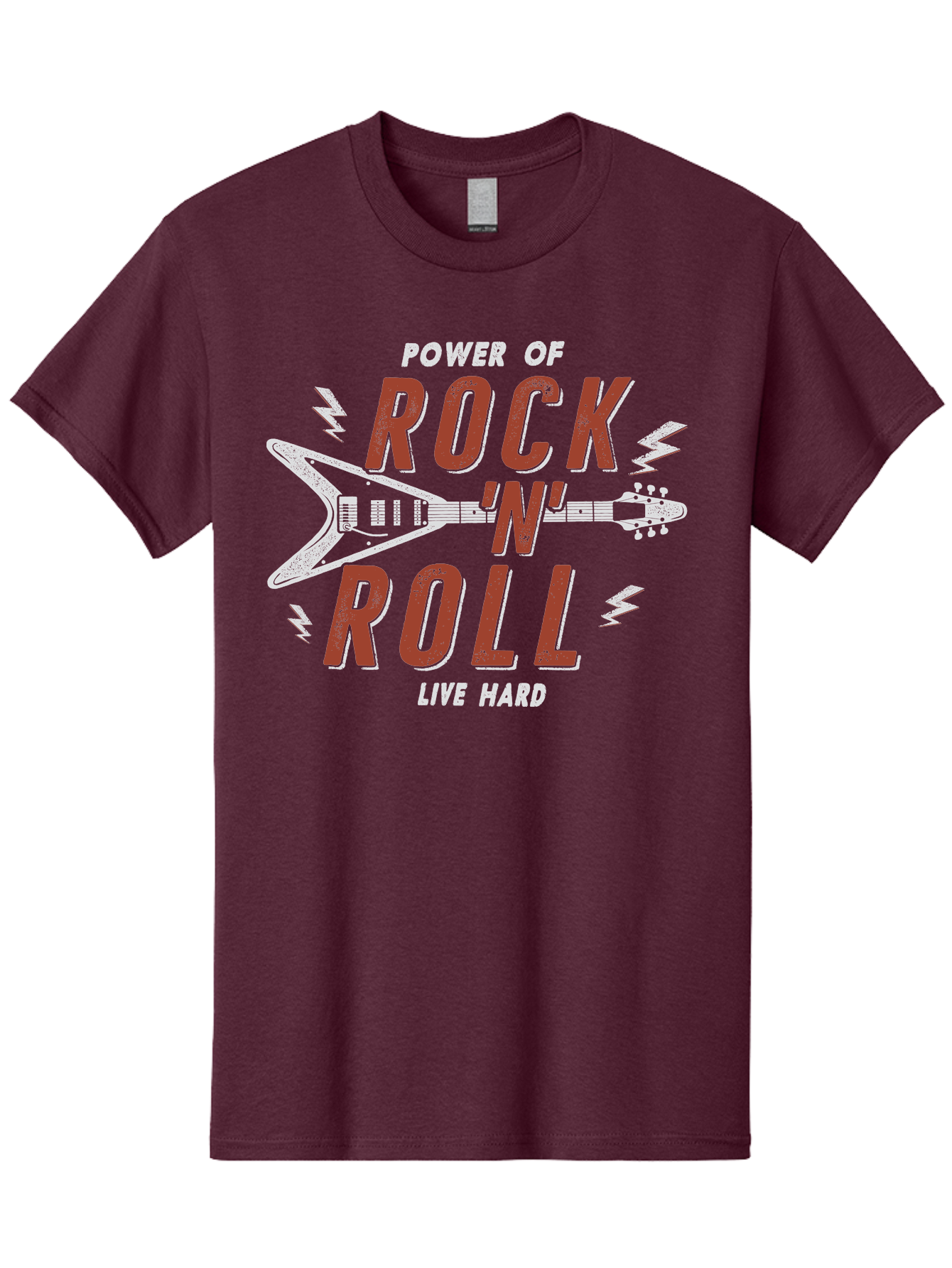 Power-Of-Rock-N-Roll Men'S Graphic Tee, 100% Cotton, Comfortable Casual Summer Wear, Machine Washable, Rock N Roll, Guitar Illustration, Power Of Music, Live Hard, Bold Typography, Energetic Design, Rock On, Musical Inspiration Aab953