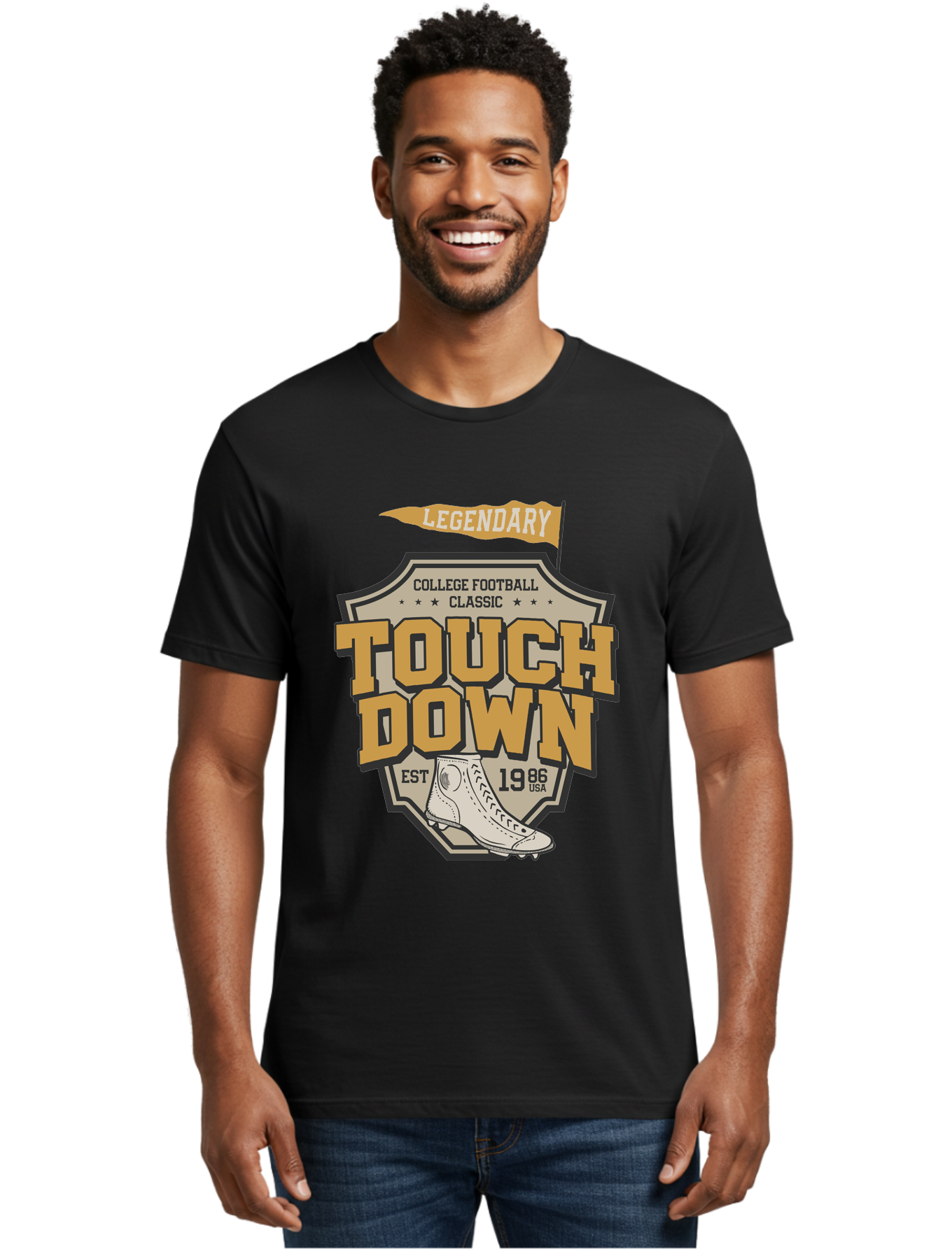 Touch-Down Men'S Graphic Tee, 100% Cotton, Comfortable Casual Summer Wear, Machine Washable, College Football, Touchdown, Classic Football, Legendary Sports, 1986 Usa, Football Cleats, Vintage Football Aab954