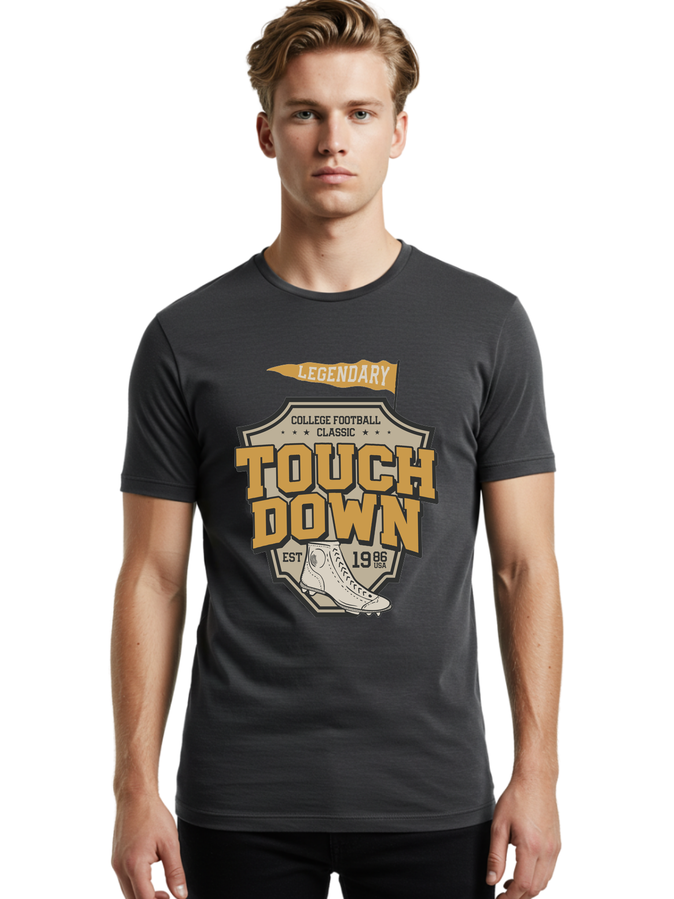 Touch-Down Men'S Graphic Tee, 100% Cotton, Comfortable Casual Summer Wear, Machine Washable, College Football, Touchdown, Classic Football, Legendary Sports, 1986 Usa, Football Cleats, Vintage Football Aab954