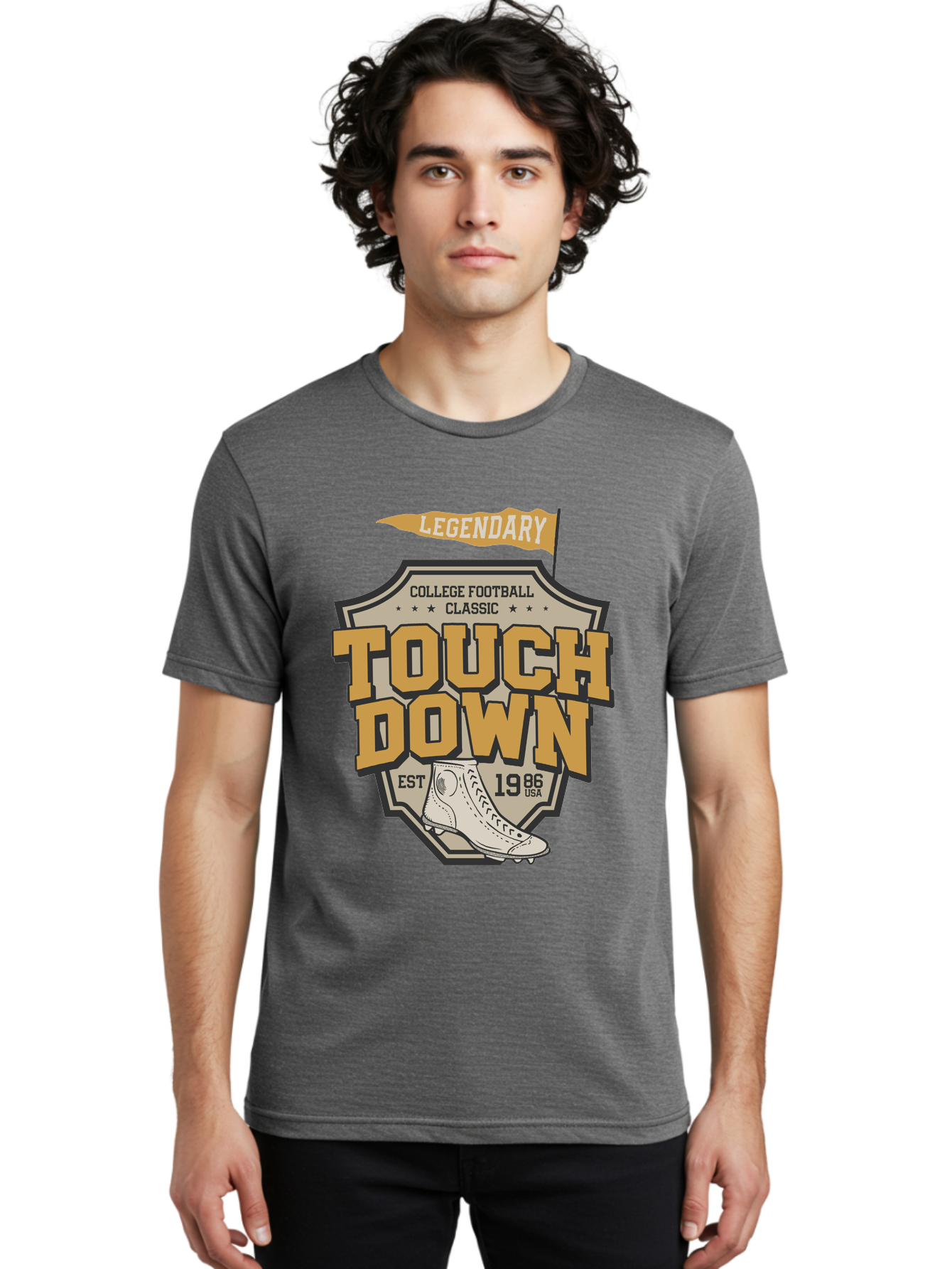 Touch-Down Men'S Graphic Tee, 100% Cotton, Comfortable Casual Summer Wear, Machine Washable, College Football, Touchdown, Classic Football, Legendary Sports, 1986 Usa, Football Cleats, Vintage Football Aab954