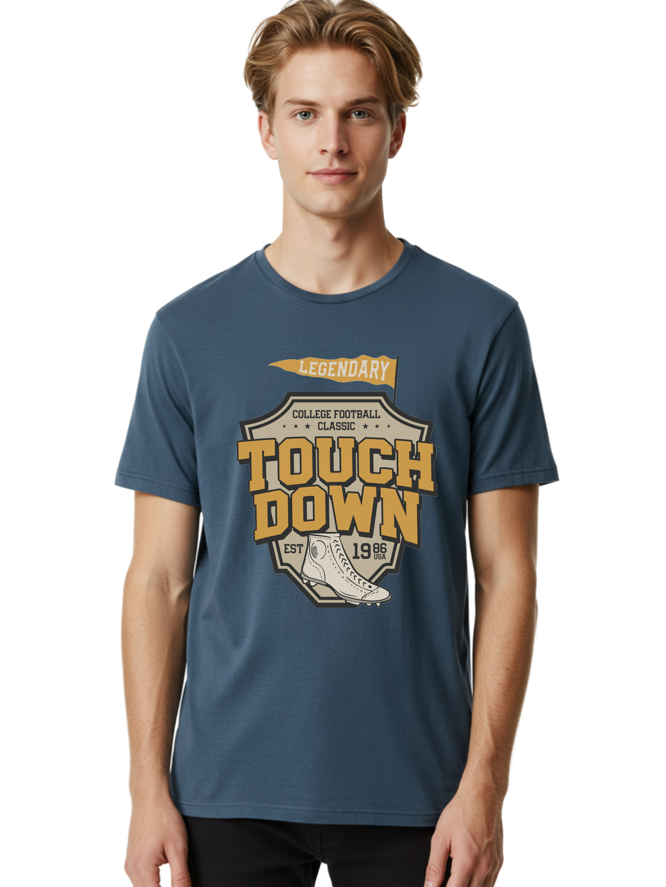 Touch-Down Men'S Graphic Tee, 100% Cotton, Comfortable Casual Summer Wear, Machine Washable, College Football, Touchdown, Classic Football, Legendary Sports, 1986 Usa, Football Cleats, Vintage Football Aab954