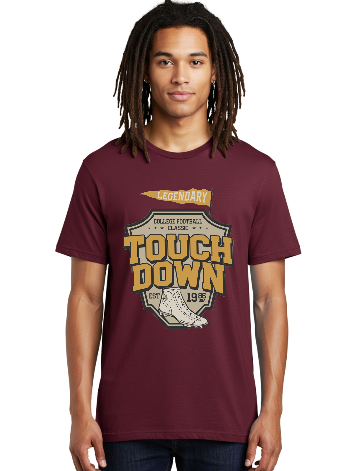 Touch-Down Men'S Graphic Tee, 100% Cotton, Comfortable Casual Summer Wear, Machine Washable, College Football, Touchdown, Classic Football, Legendary Sports, 1986 Usa, Football Cleats, Vintage Football Aab954
