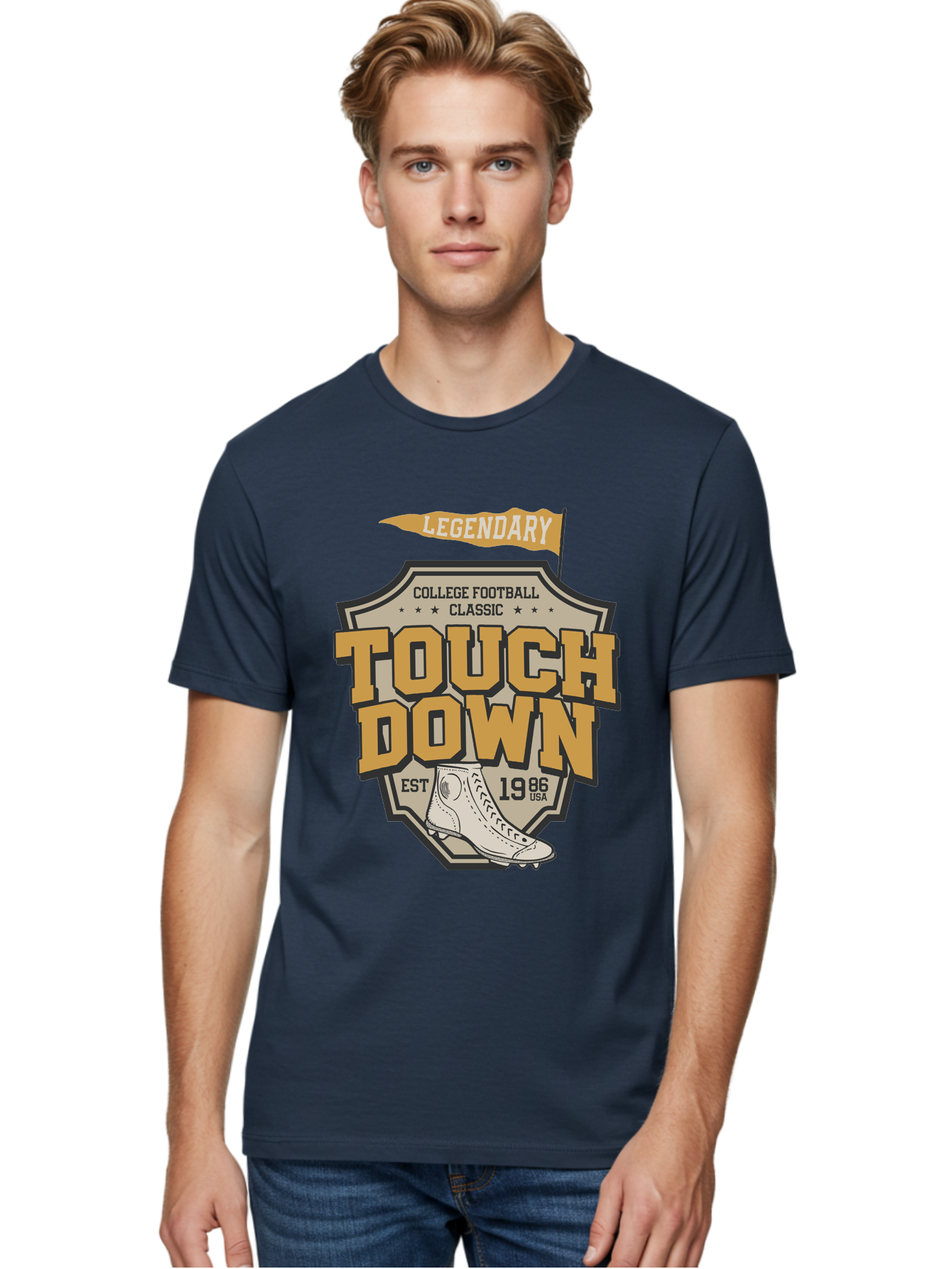 Touch-Down Men'S Graphic Tee, 100% Cotton, Comfortable Casual Summer Wear, Machine Washable, College Football, Touchdown, Classic Football, Legendary Sports, 1986 Usa, Football Cleats, Vintage Football Aab954