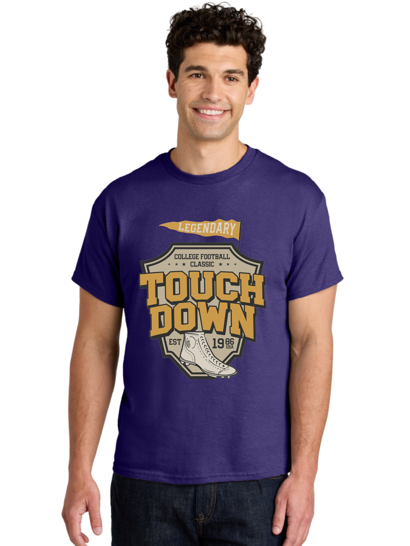 Touch-Down Men'S Graphic Tee, 100% Cotton, Comfortable Casual Summer Wear, Machine Washable, College Football, Touchdown, Classic Football, Legendary Sports, 1986 Usa, Football Cleats, Vintage Football Aab954