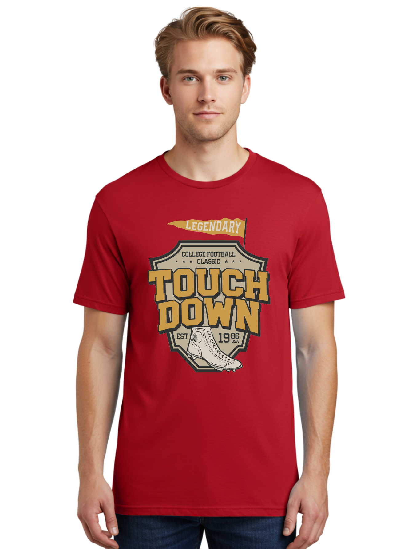Touch-Down Men'S Graphic Tee, 100% Cotton, Comfortable Casual Summer Wear, Machine Washable, College Football, Touchdown, Classic Football, Legendary Sports, 1986 Usa, Football Cleats, Vintage Football Aab954