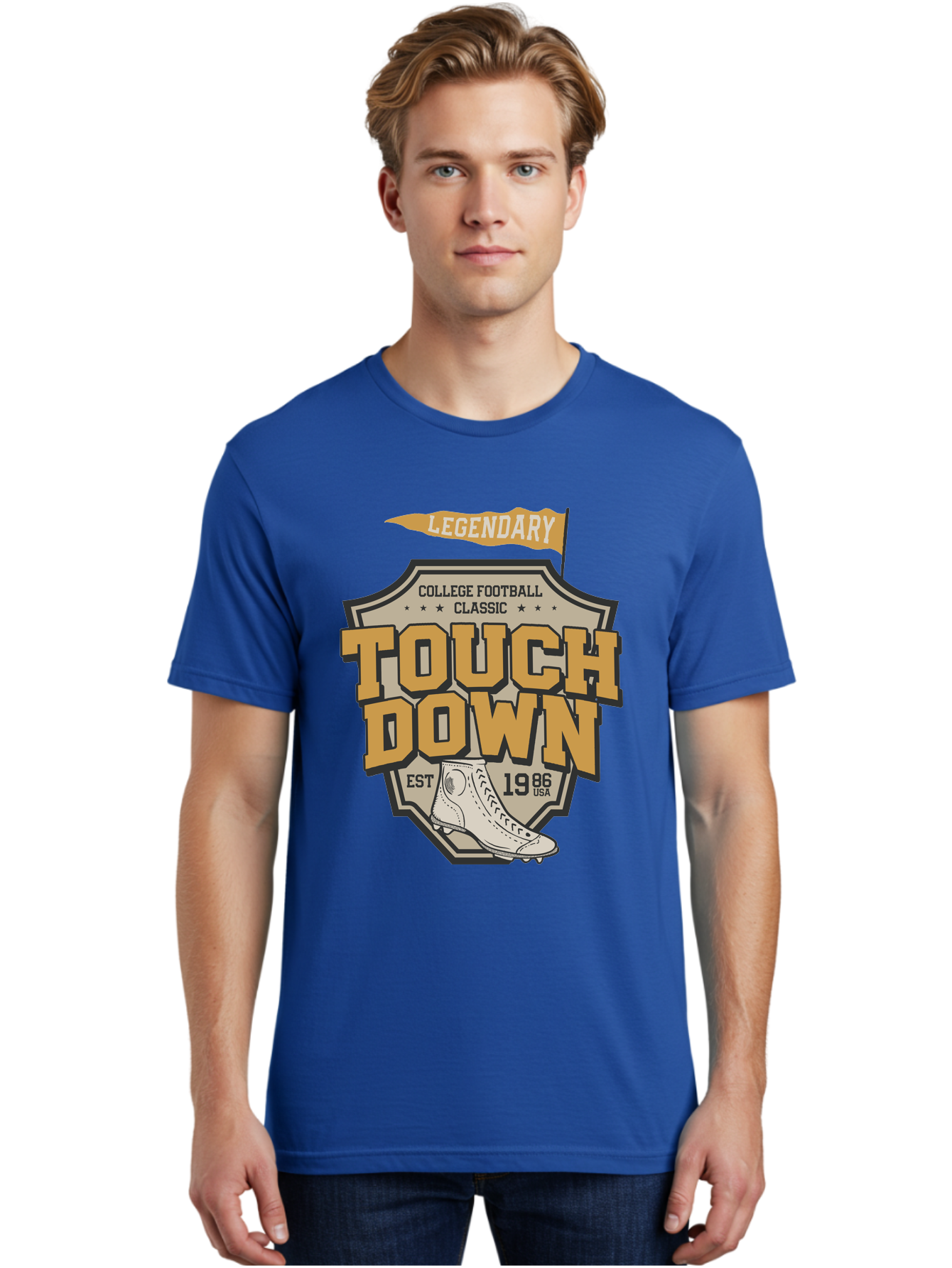 Touch-Down Men'S Graphic Tee, 100% Cotton, Comfortable Casual Summer Wear, Machine Washable, College Football, Touchdown, Classic Football, Legendary Sports, 1986 Usa, Football Cleats, Vintage Football Aab954