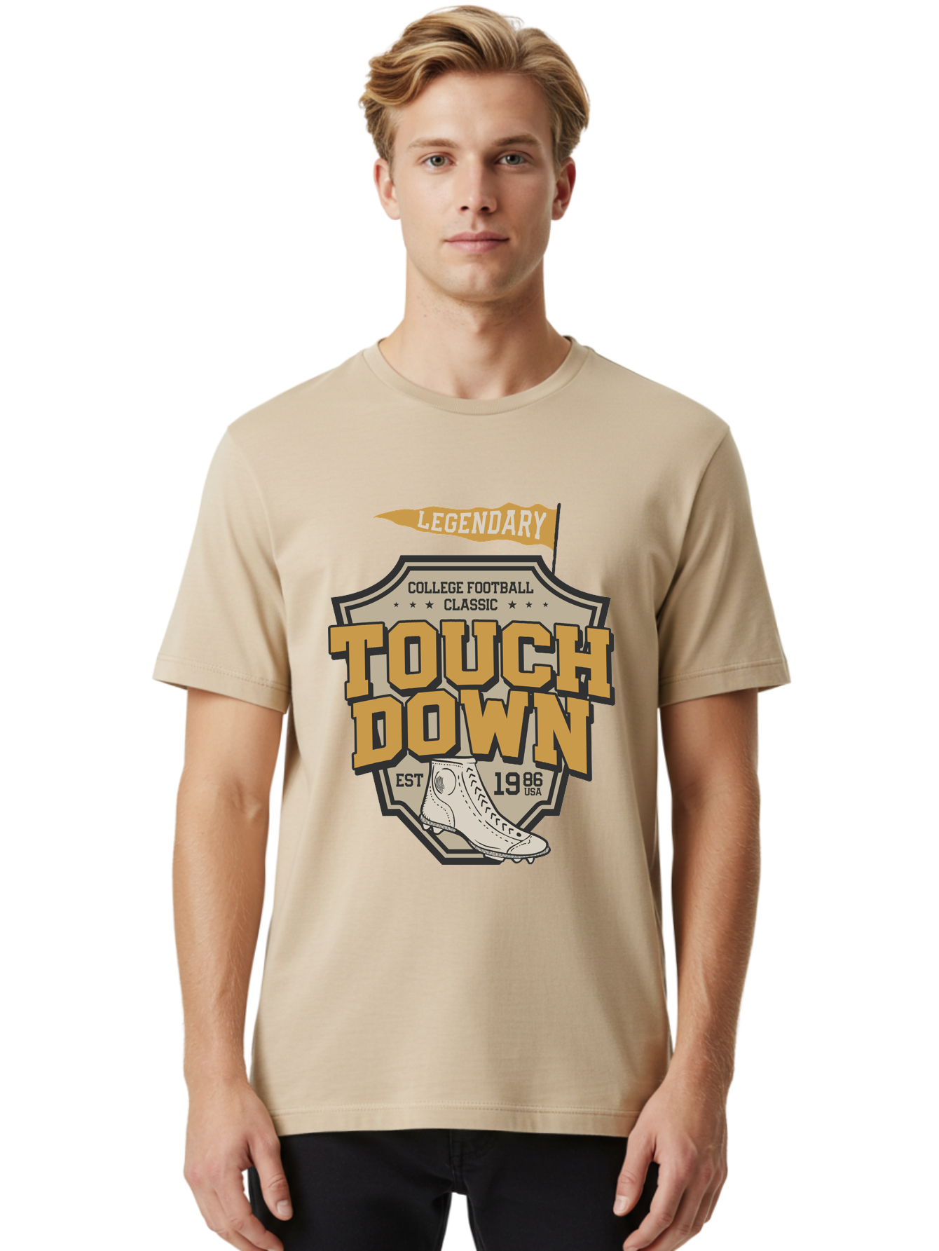 Touch-Down Men'S Graphic Tee, 100% Cotton, Comfortable Casual Summer Wear, Machine Washable, College Football, Touchdown, Classic Football, Legendary Sports, 1986 Usa, Football Cleats, Vintage Football Aab954