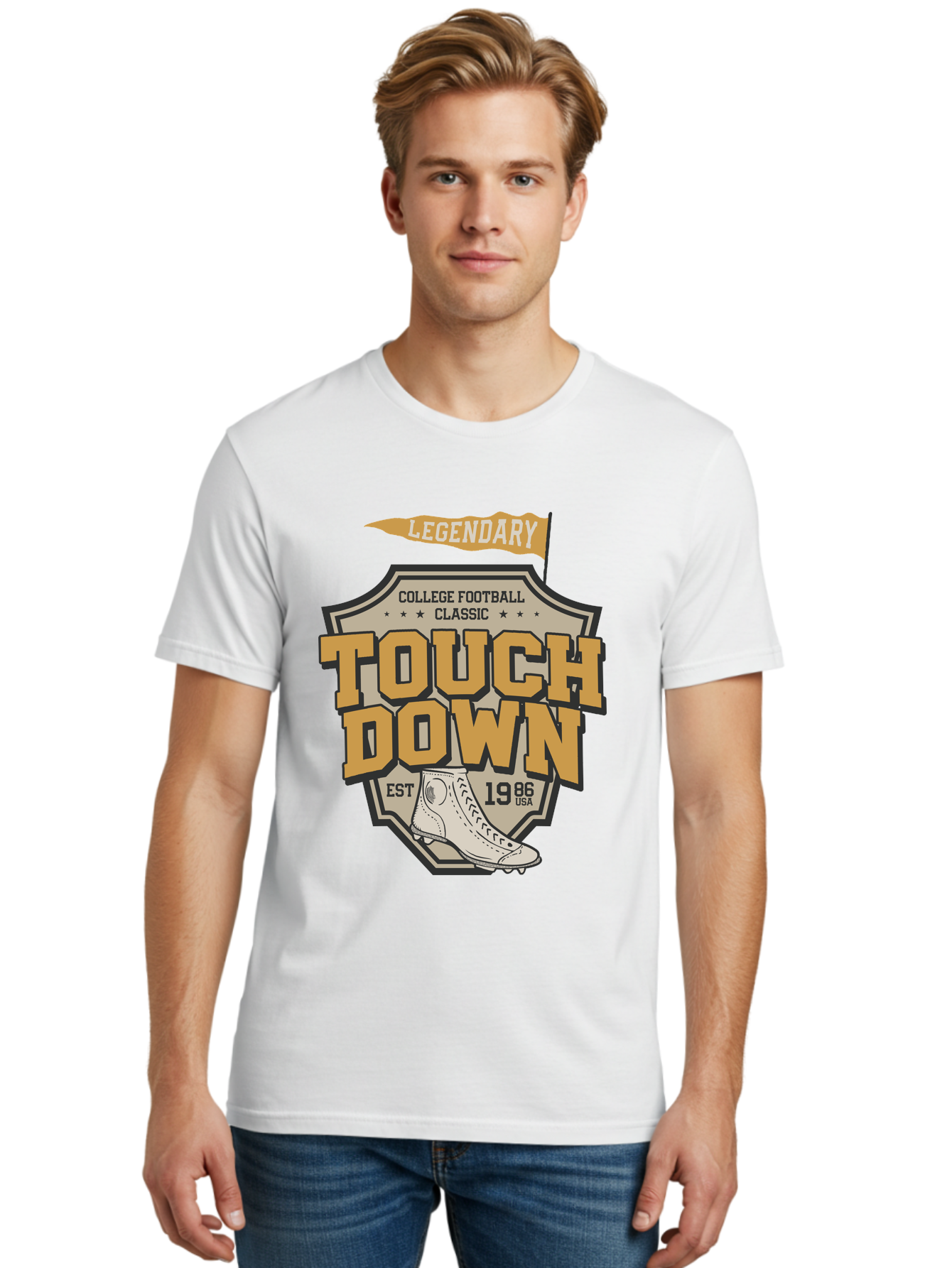 Touch-Down Men'S Graphic Tee, 100% Cotton, Comfortable Casual Summer Wear, Machine Washable, College Football, Touchdown, Classic Football, Legendary Sports, 1986 Usa, Football Cleats, Vintage Football Aab954