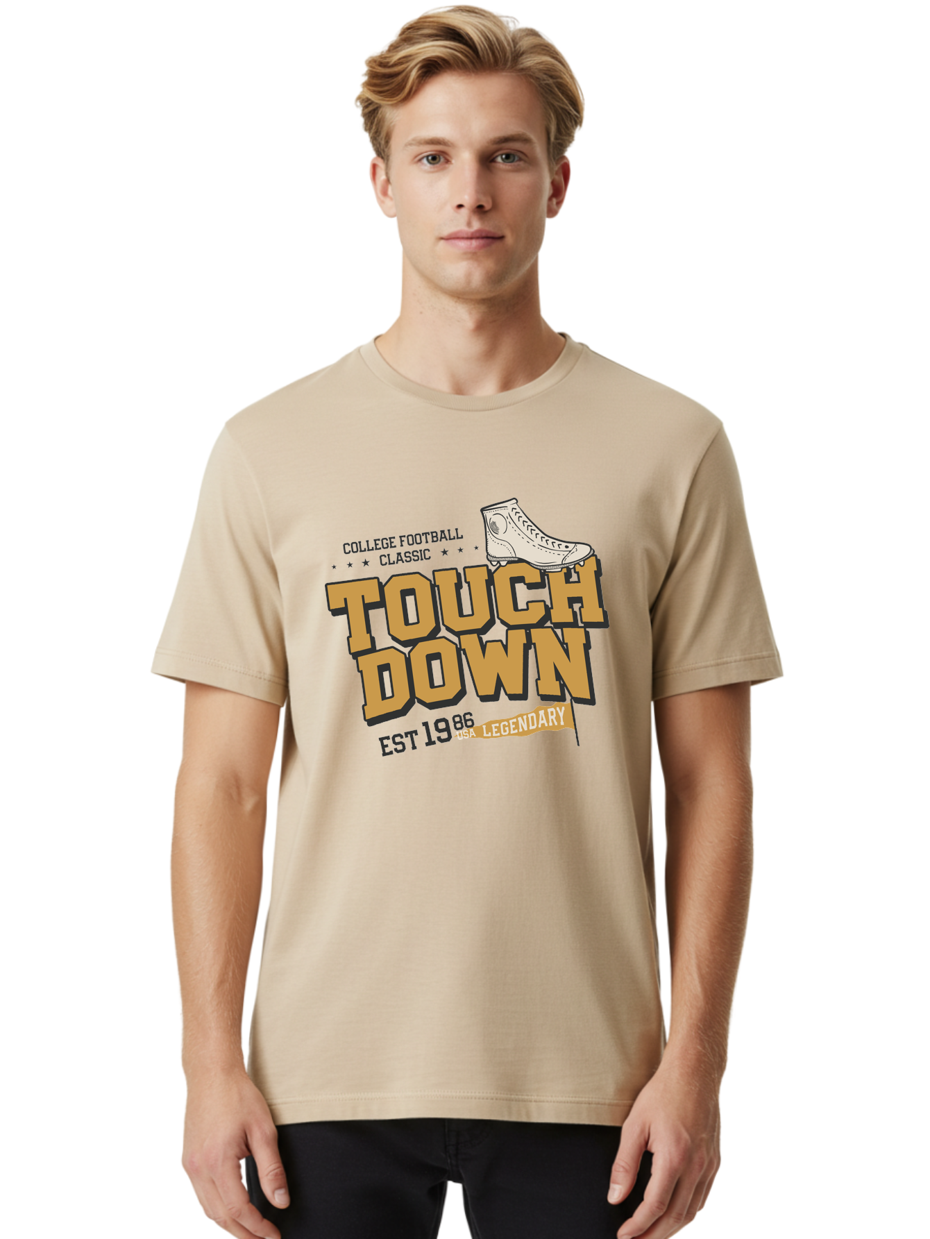 Touchdown Men'S Graphic Tee, 100% Cotton, Comfortable Casual Summer Wear, Machine Washable, College Football Classic, Touchdown, Legendary Football, Football Culture, Sports Nostalgia, Vintage Sports, Usa Football Legacy, Football History Aab955