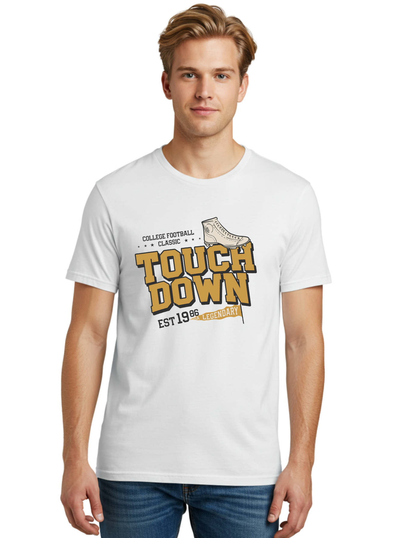 Touchdown Men'S Graphic Tee, 100% Cotton, Comfortable Casual Summer Wear, Machine Washable, College Football Classic, Touchdown, Legendary Football, Football Culture, Sports Nostalgia, Vintage Sports, Usa Football Legacy, Football History Aab955