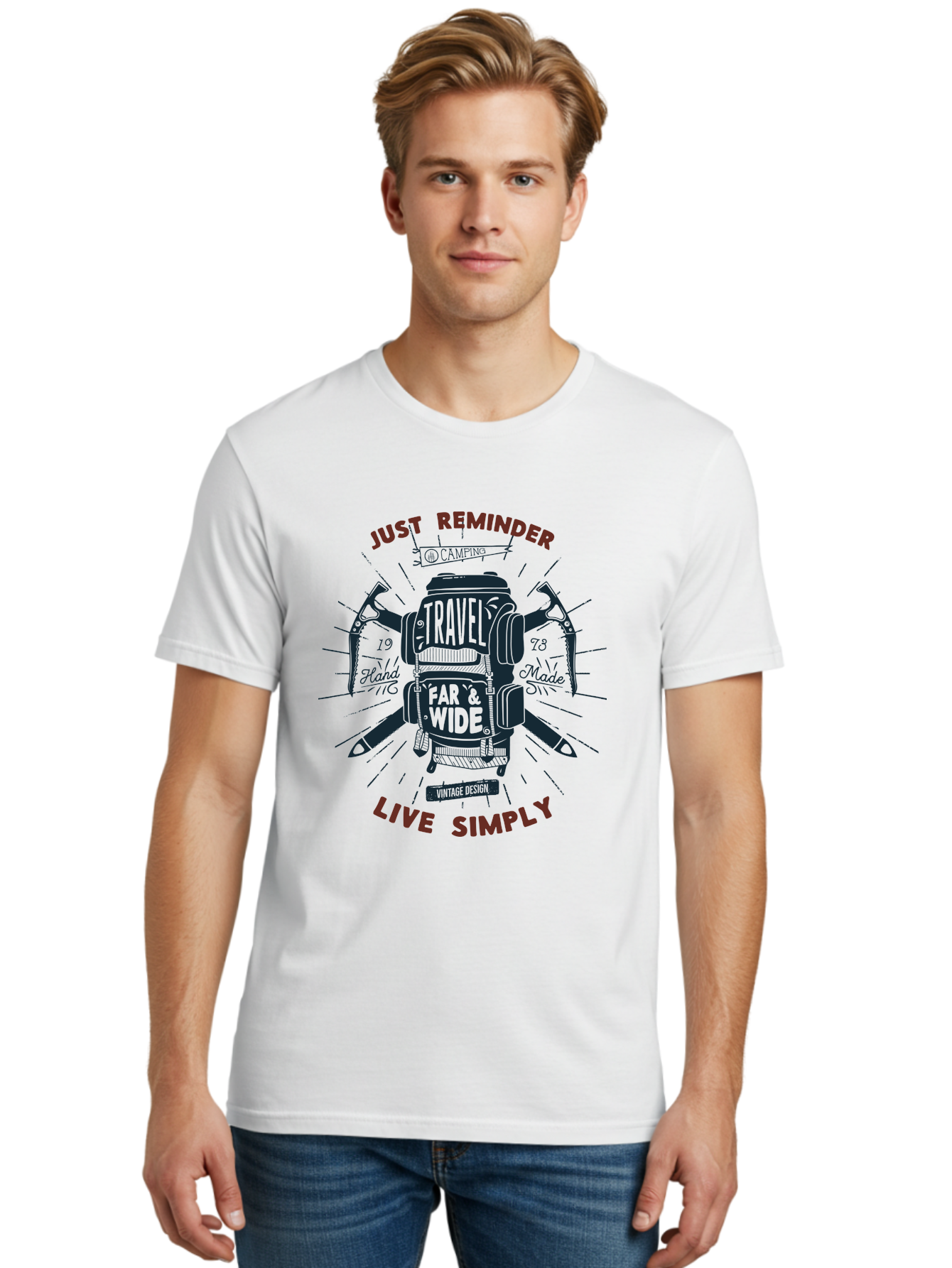 Travel-Far-Wide Men'S Graphic Tee, 100% Cotton, Comfortable Casual Summer Wear, Machine Washable, Travel Inspiration, Adventure, Camping, Vintage Design, Outdoor Lifestyle, Simplicity, Exploration, Wanderlust, Just Reminder, Live Simply Aab958