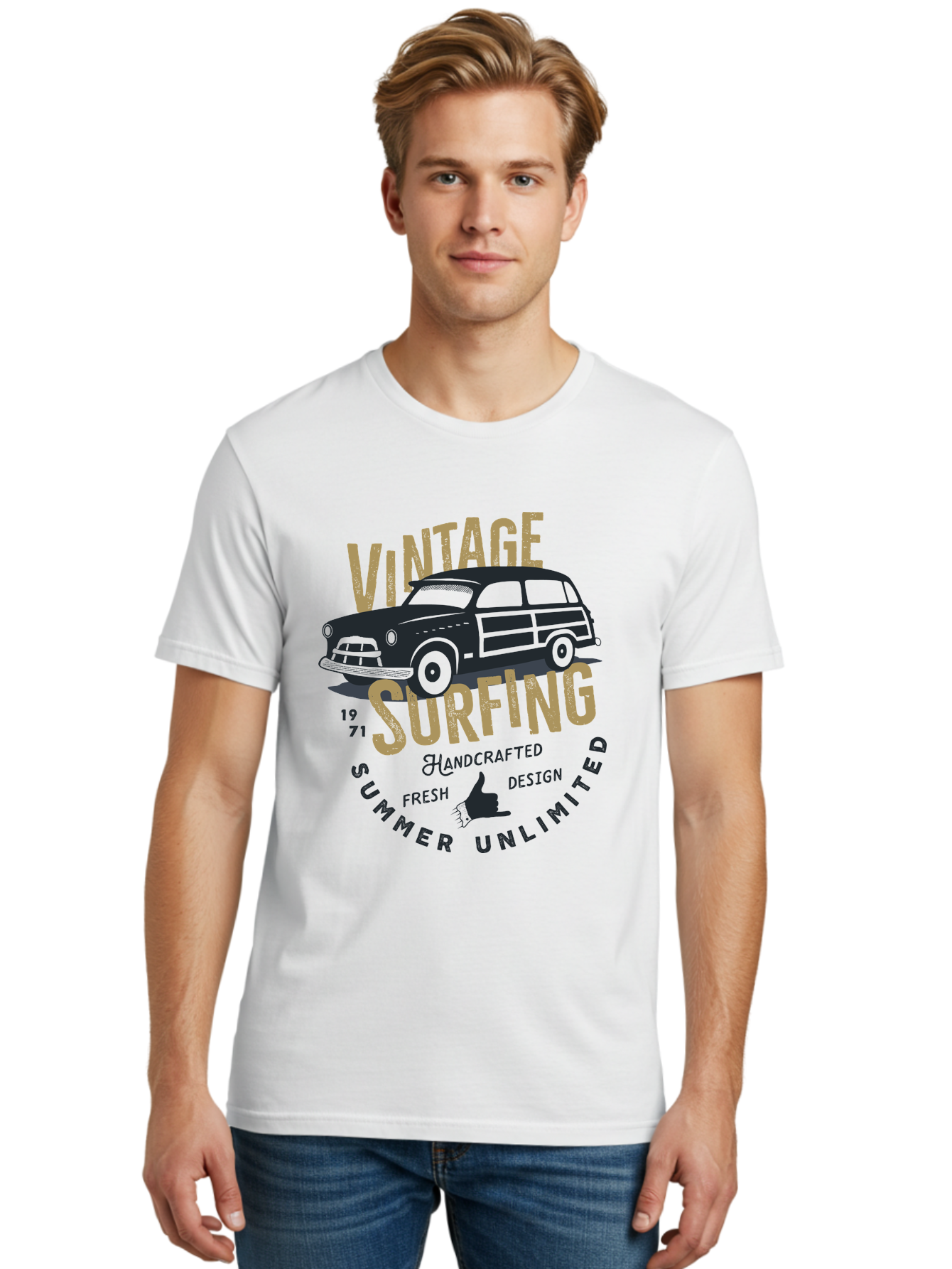 Vintage-Surfing-1 Men'S Graphic Tee, 100% Cotton, Comfortable Casual Summer Wear, Machine Washable, Vintage Surf Car, Retro Surf Culture, Summer Vibes, Surf Inspired Art, Surfer Dude, Cool Car Designs, Classic Surf Style Aab959