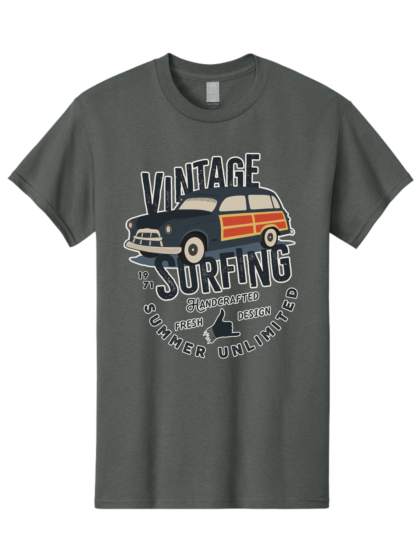 Vintage-Surfing-2 Men'S Graphic Tee, 100% Cotton, Comfortable Casual Summer Wear, Machine Washable, Vintage Surf Car, Surf Culture, Summer Vibes, Retro Design, Handmade Graphics, Shaka Sign, Coastal Style, Surf-Inspired Art, Nostalgic Feel, Aab960