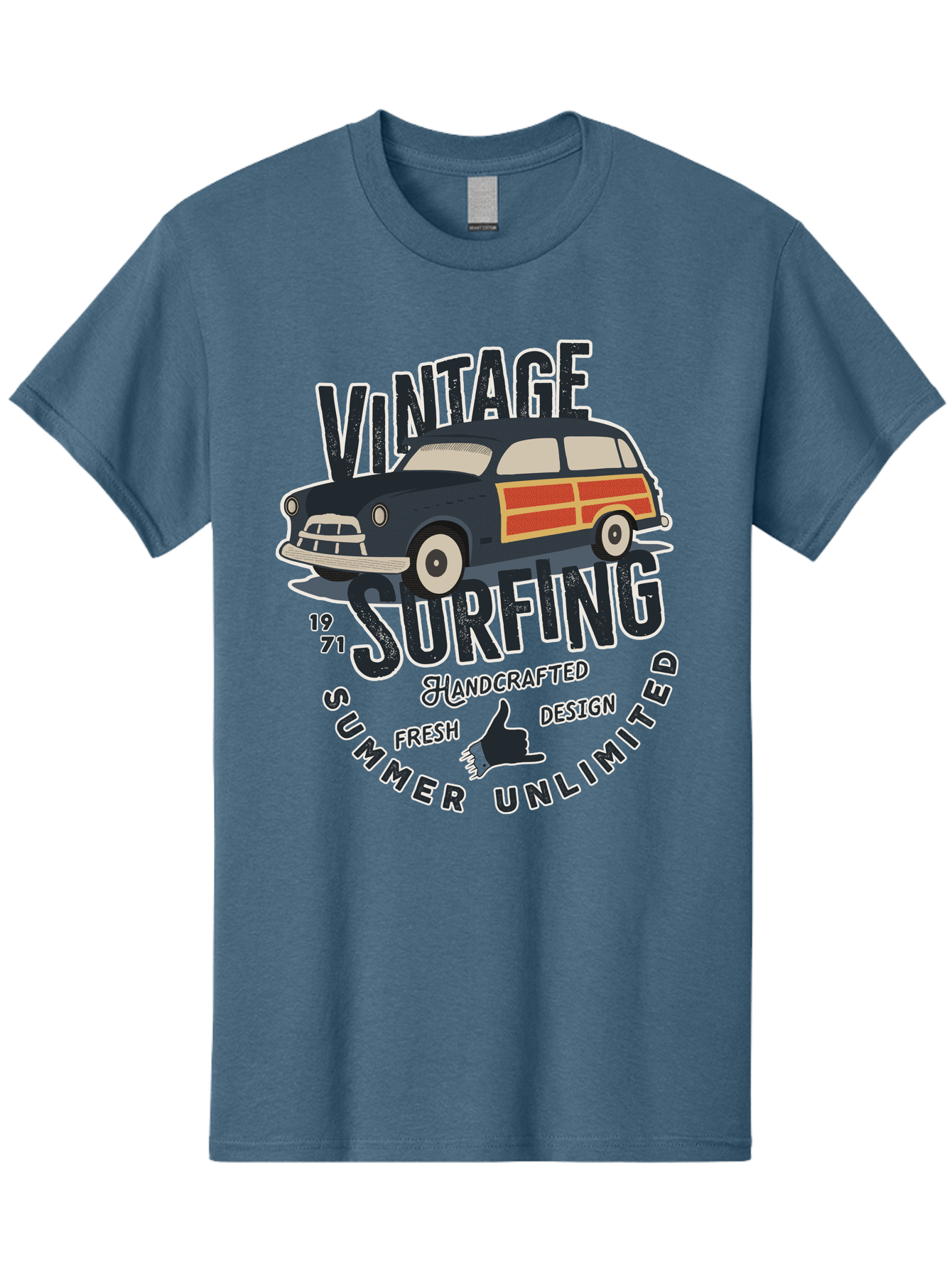 Vintage-Surfing-2 Men'S Graphic Tee, 100% Cotton, Comfortable Casual Summer Wear, Machine Washable, Vintage Surf Car, Surf Culture, Summer Vibes, Retro Design, Handmade Graphics, Shaka Sign, Coastal Style, Surf-Inspired Art, Nostalgic Feel, Aab960
