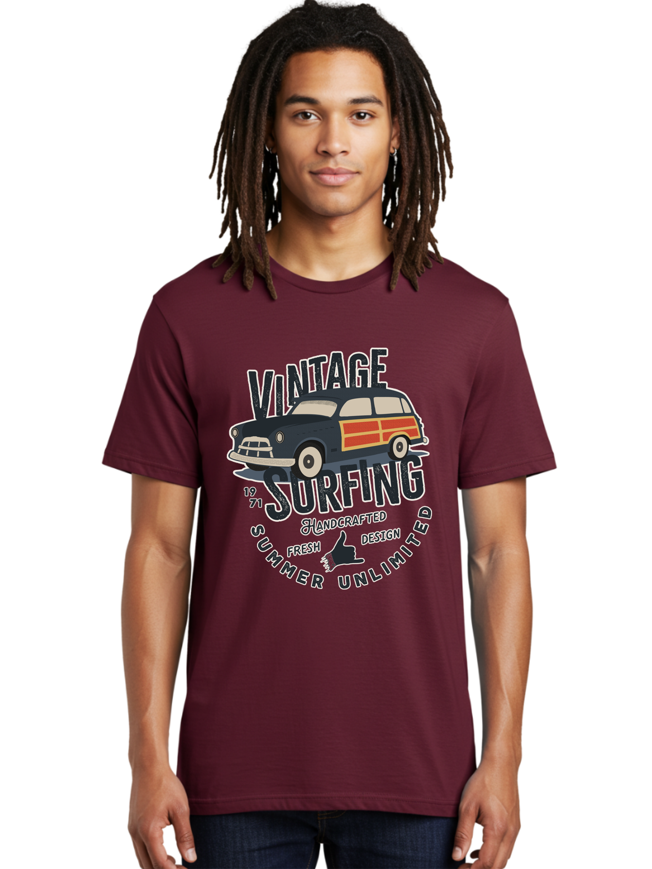 Vintage-Surfing-2 Men'S Graphic Tee, 100% Cotton, Comfortable Casual Summer Wear, Machine Washable, Vintage Surf Car, Surf Culture, Summer Vibes, Retro Design, Handmade Graphics, Shaka Sign, Coastal Style, Surf-Inspired Art, Nostalgic Feel, Aab960