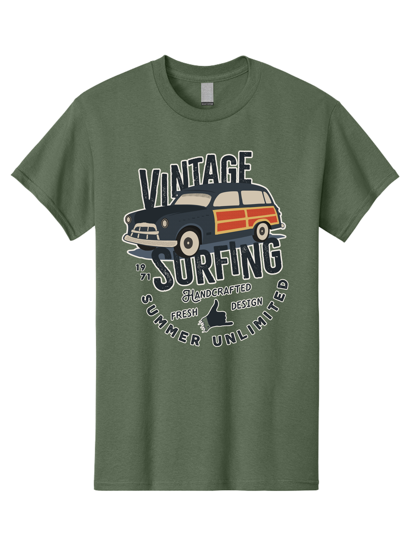 Vintage-Surfing-2 Men'S Graphic Tee, 100% Cotton, Comfortable Casual Summer Wear, Machine Washable, Vintage Surf Car, Surf Culture, Summer Vibes, Retro Design, Handmade Graphics, Shaka Sign, Coastal Style, Surf-Inspired Art, Nostalgic Feel, Aab960