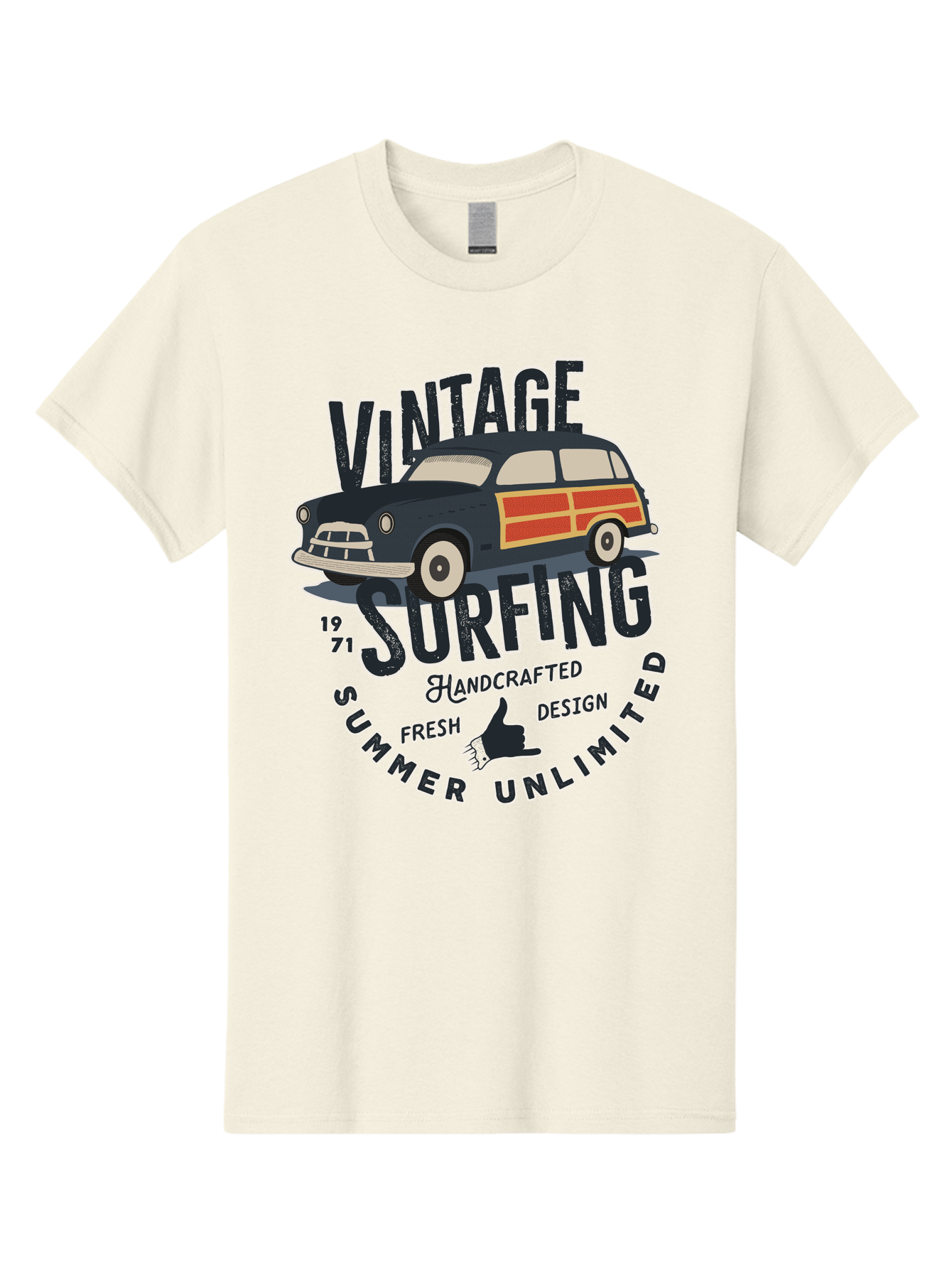 Vintage-Surfing-2 Men'S Graphic Tee, 100% Cotton, Comfortable Casual Summer Wear, Machine Washable, Vintage Surf Car, Surf Culture, Summer Vibes, Retro Design, Handmade Graphics, Shaka Sign, Coastal Style, Surf-Inspired Art, Nostalgic Feel, Aab960