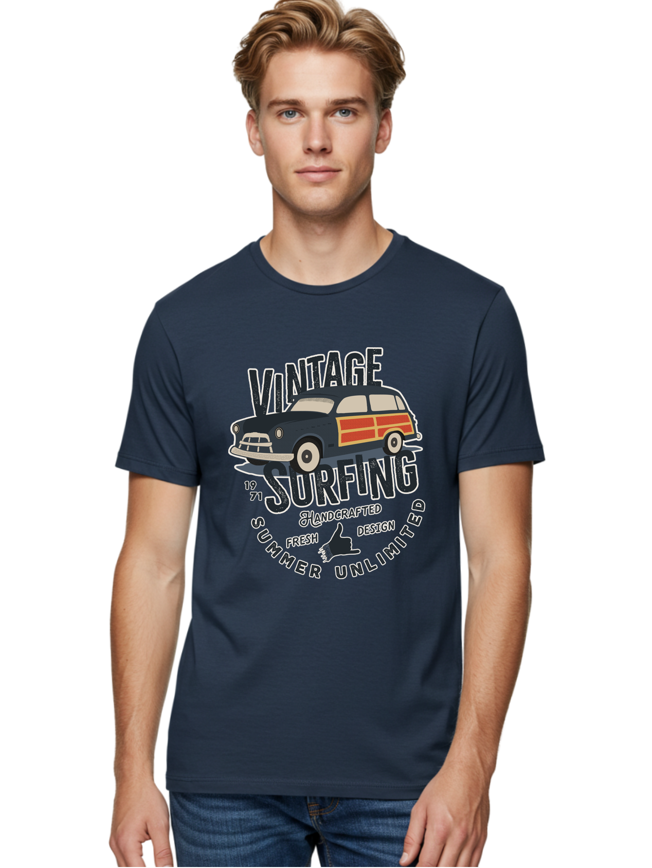 Vintage-Surfing-2 Men'S Graphic Tee, 100% Cotton, Comfortable Casual Summer Wear, Machine Washable, Vintage Surf Car, Surf Culture, Summer Vibes, Retro Design, Handmade Graphics, Shaka Sign, Coastal Style, Surf-Inspired Art, Nostalgic Feel, Aab960