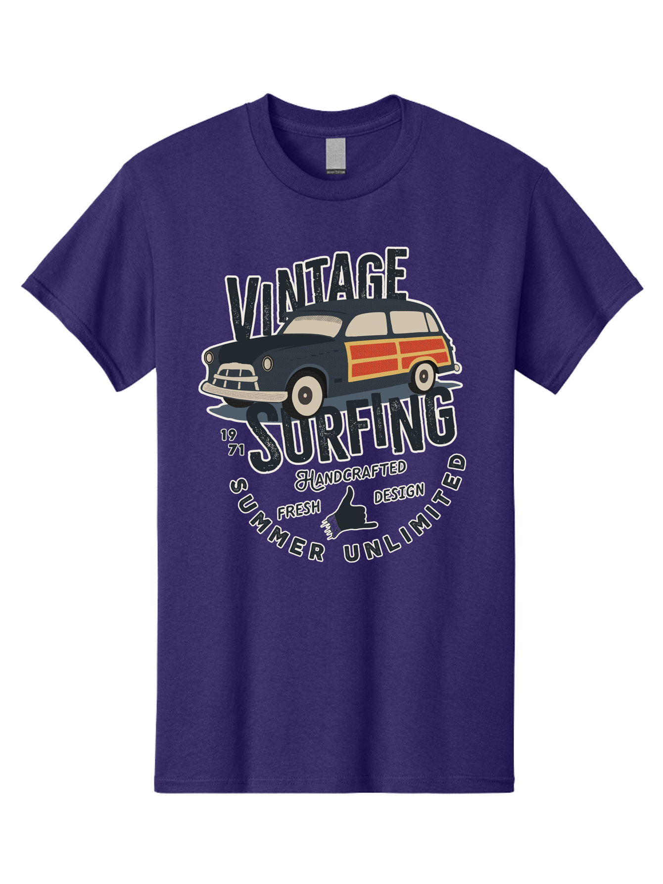 Vintage-Surfing-2 Men'S Graphic Tee, 100% Cotton, Comfortable Casual Summer Wear, Machine Washable, Vintage Surf Car, Surf Culture, Summer Vibes, Retro Design, Handmade Graphics, Shaka Sign, Coastal Style, Surf-Inspired Art, Nostalgic Feel, Aab960