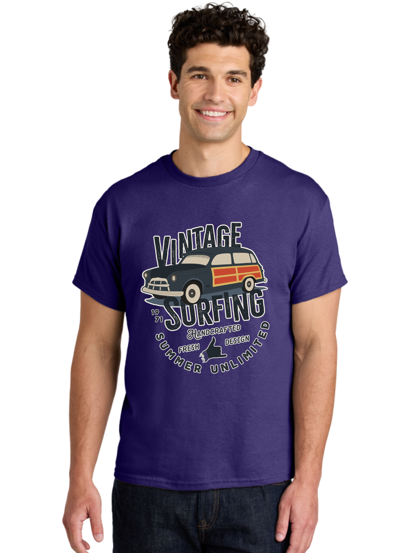 Vintage-Surfing-2 Men'S Graphic Tee, 100% Cotton, Comfortable Casual Summer Wear, Machine Washable, Vintage Surf Car, Surf Culture, Summer Vibes, Retro Design, Handmade Graphics, Shaka Sign, Coastal Style, Surf-Inspired Art, Nostalgic Feel, Aab960