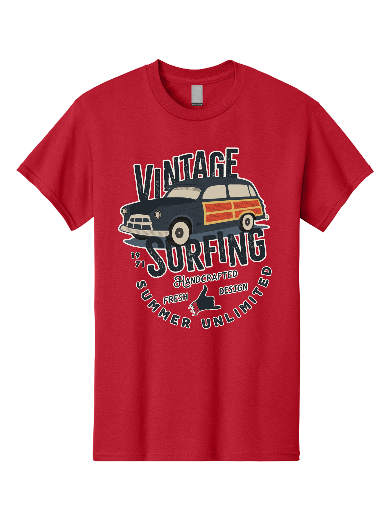 Vintage-Surfing-2 Men'S Graphic Tee, 100% Cotton, Comfortable Casual Summer Wear, Machine Washable, Vintage Surf Car, Surf Culture, Summer Vibes, Retro Design, Handmade Graphics, Shaka Sign, Coastal Style, Surf-Inspired Art, Nostalgic Feel, Aab960