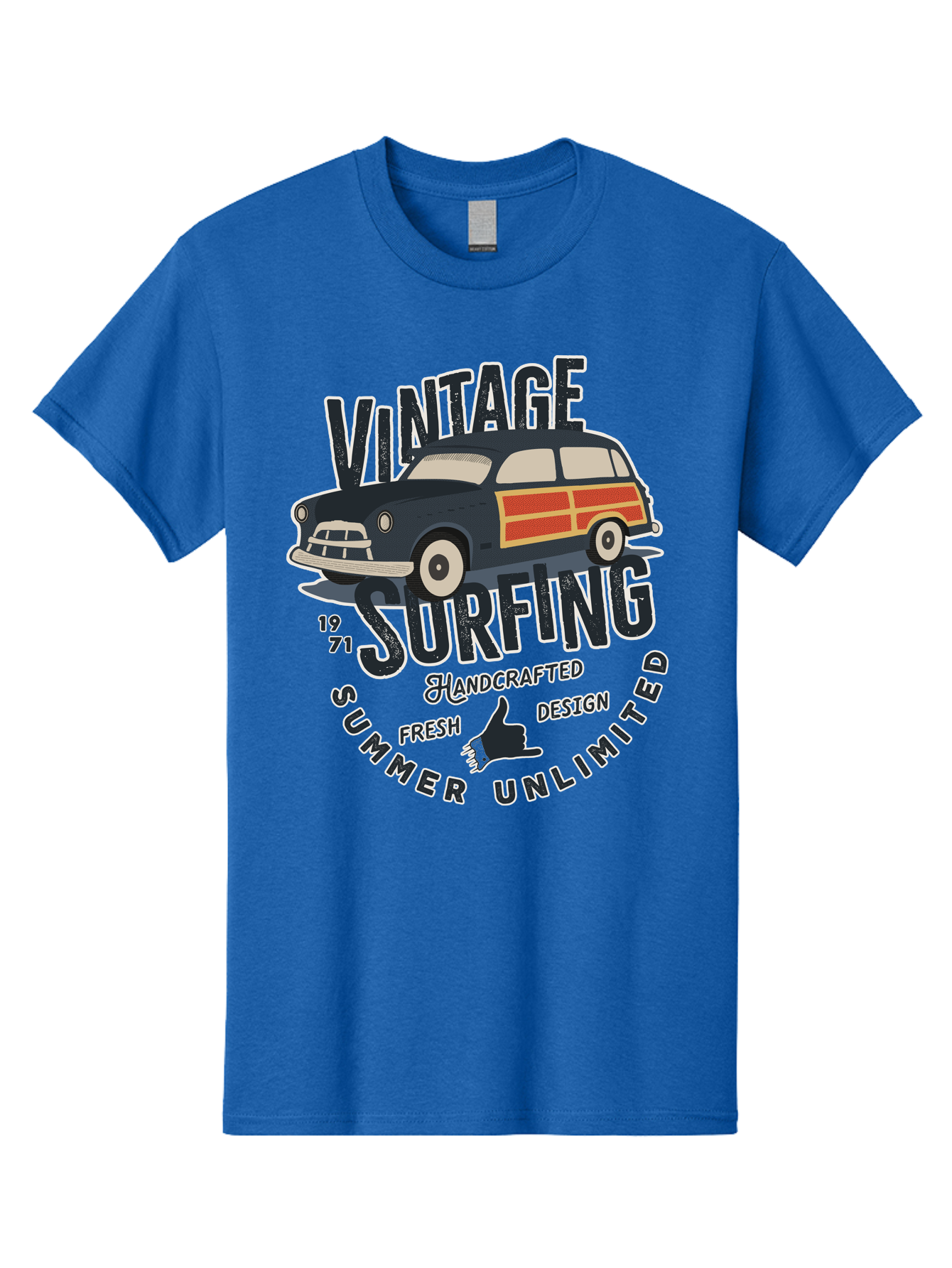 Vintage-Surfing-2 Men'S Graphic Tee, 100% Cotton, Comfortable Casual Summer Wear, Machine Washable, Vintage Surf Car, Surf Culture, Summer Vibes, Retro Design, Handmade Graphics, Shaka Sign, Coastal Style, Surf-Inspired Art, Nostalgic Feel, Aab960