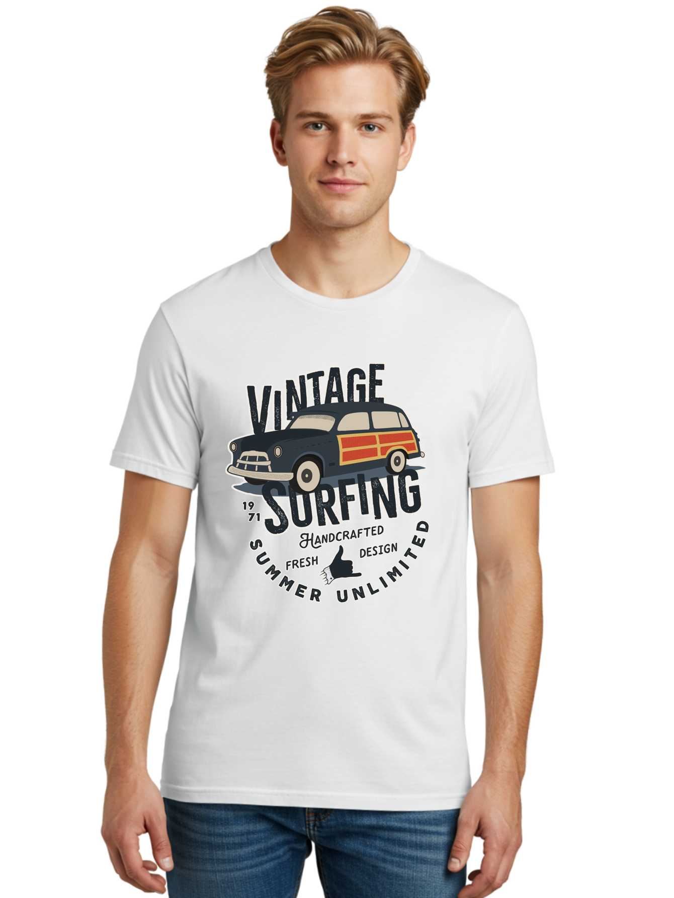 Vintage-Surfing-2 Men'S Graphic Tee, 100% Cotton, Comfortable Casual Summer Wear, Machine Washable, Vintage Surf Car, Surf Culture, Summer Vibes, Retro Design, Handmade Graphics, Shaka Sign, Coastal Style, Surf-Inspired Art, Nostalgic Feel, Aab960