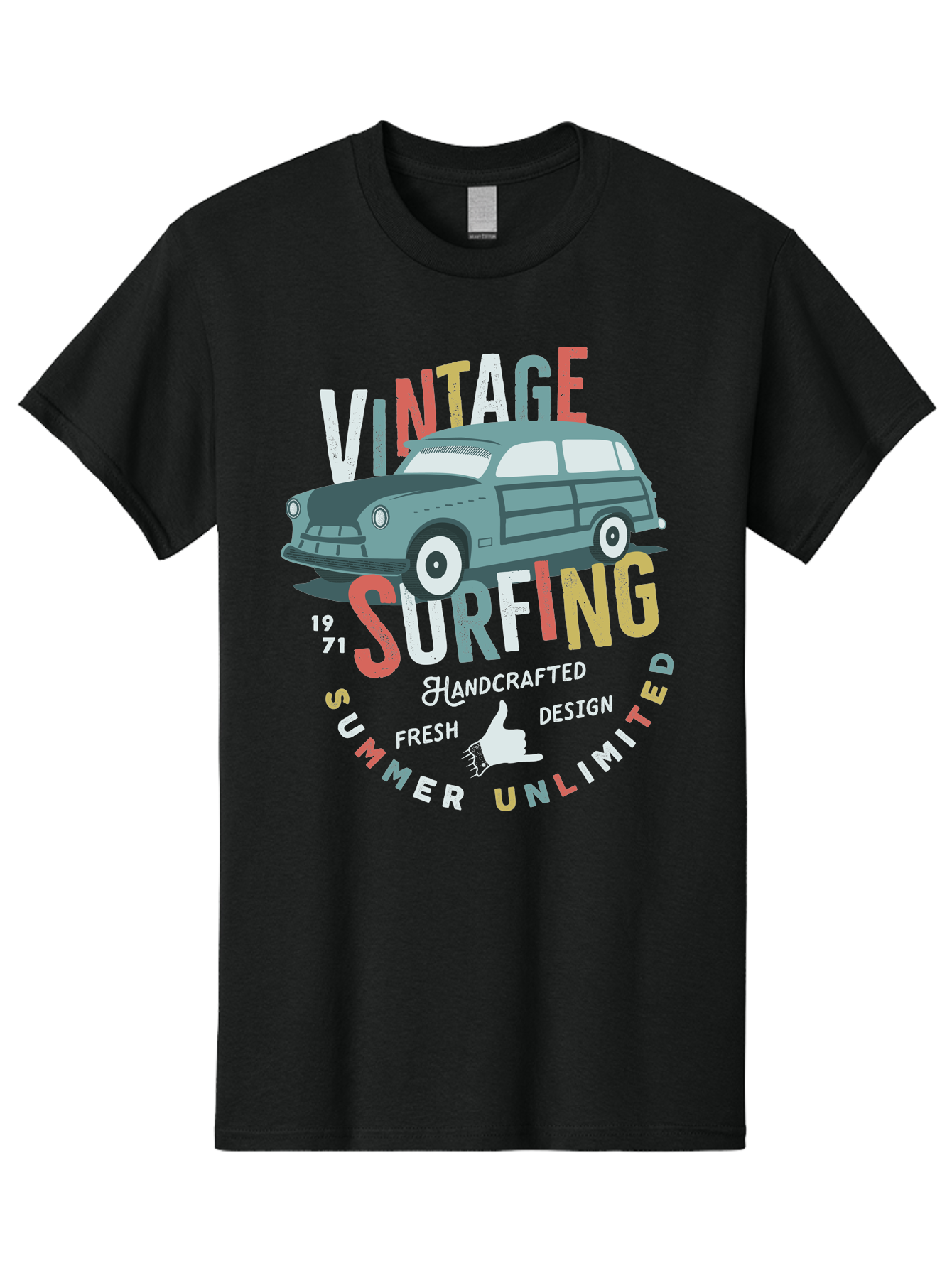 Vintage-Surfing Men'S Graphic Tee, 100% Cotton, Comfortable Casual Summer Wear, Machine Washable, Vintage Car, Surfing Culture, Handcrafted Design, Summer Vibes, Retro Style, Fresh Design, Thumbs Up, 1971, Unlimited Summer, Nostalgic Feel, Aab961