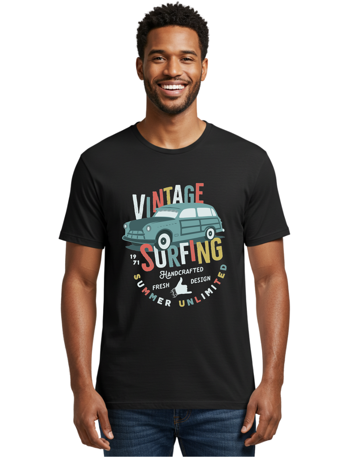 Vintage-Surfing Men'S Graphic Tee, 100% Cotton, Comfortable Casual Summer Wear, Machine Washable, Vintage Car, Surfing Culture, Handcrafted Design, Summer Vibes, Retro Style, Fresh Design, Thumbs Up, 1971, Unlimited Summer, Nostalgic Feel, Aab961