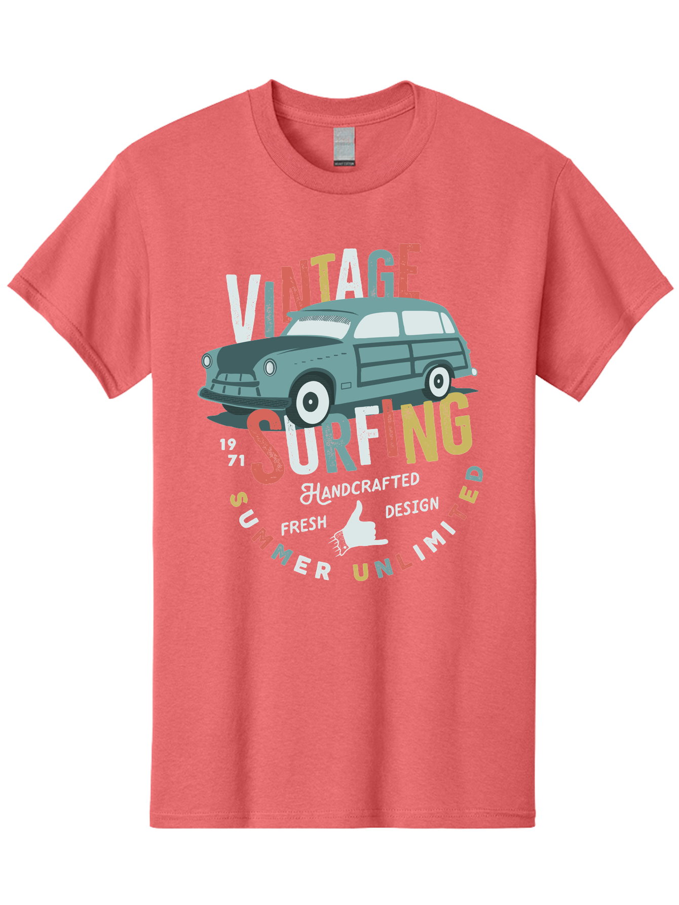 Vintage-Surfing Men'S Graphic Tee, 100% Cotton, Comfortable Casual Summer Wear, Machine Washable, Vintage Car, Surfing Culture, Handcrafted Design, Summer Vibes, Retro Style, Fresh Design, Thumbs Up, 1971, Unlimited Summer, Nostalgic Feel, Aab961