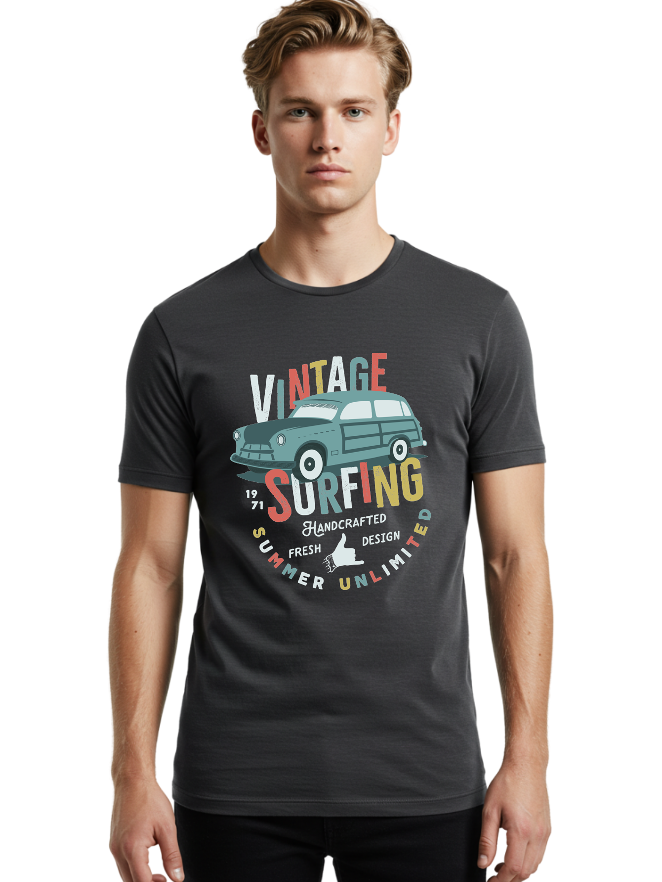 Vintage-Surfing Men'S Graphic Tee, 100% Cotton, Comfortable Casual Summer Wear, Machine Washable, Vintage Car, Surfing Culture, Handcrafted Design, Summer Vibes, Retro Style, Fresh Design, Thumbs Up, 1971, Unlimited Summer, Nostalgic Feel, Aab961