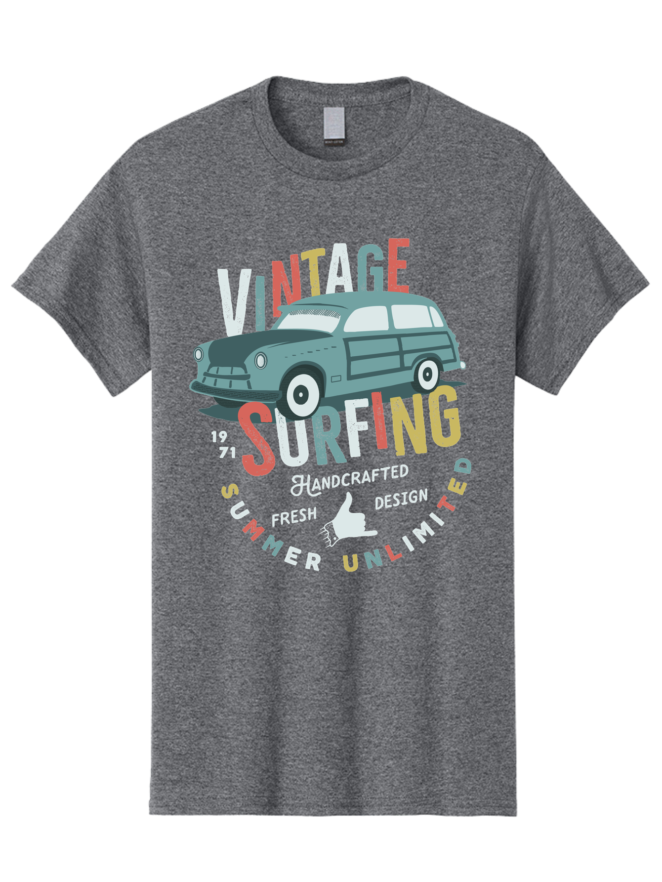 Vintage-Surfing Men'S Graphic Tee, 100% Cotton, Comfortable Casual Summer Wear, Machine Washable, Vintage Car, Surfing Culture, Handcrafted Design, Summer Vibes, Retro Style, Fresh Design, Thumbs Up, 1971, Unlimited Summer, Nostalgic Feel, Aab961