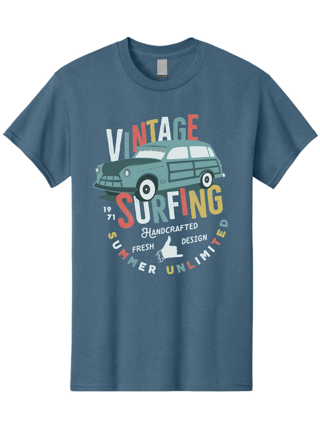 Vintage-Surfing Men'S Graphic Tee, 100% Cotton, Comfortable Casual Summer Wear, Machine Washable, Vintage Car, Surfing Culture, Handcrafted Design, Summer Vibes, Retro Style, Fresh Design, Thumbs Up, 1971, Unlimited Summer, Nostalgic Feel, Aab961