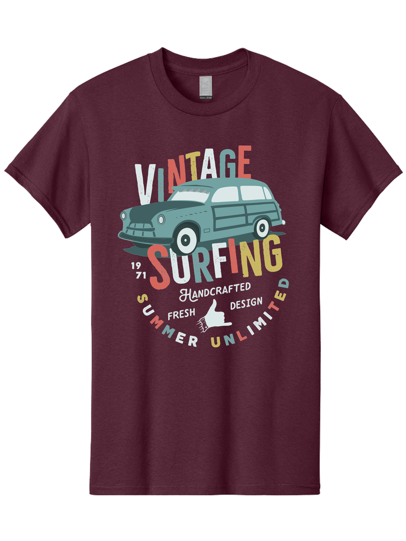 Vintage-Surfing Men'S Graphic Tee, 100% Cotton, Comfortable Casual Summer Wear, Machine Washable, Vintage Car, Surfing Culture, Handcrafted Design, Summer Vibes, Retro Style, Fresh Design, Thumbs Up, 1971, Unlimited Summer, Nostalgic Feel, Aab961